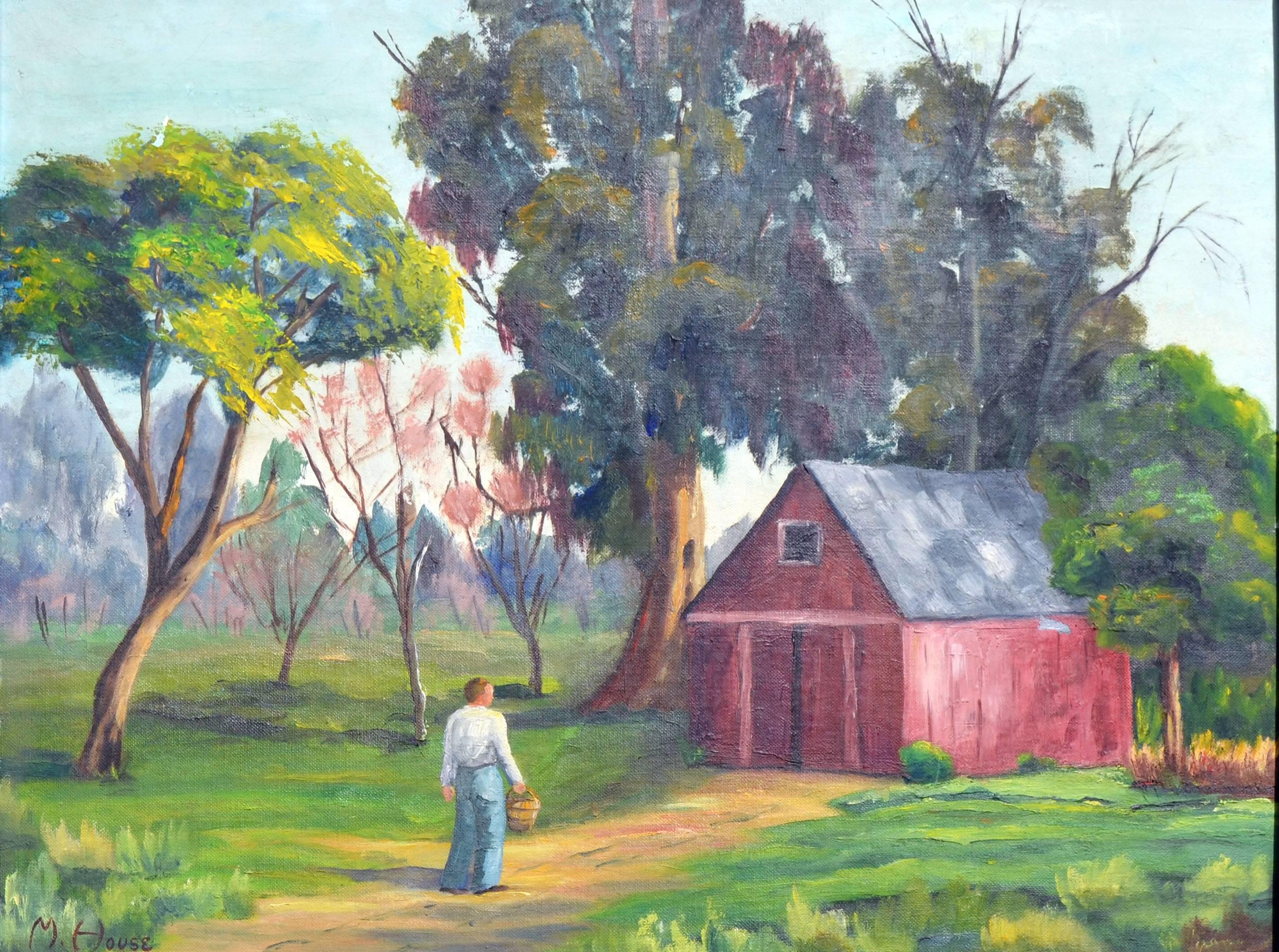 Paysage figuratif du milieu du siècle avec grange rouge et arbre jaune - Painting de M. House