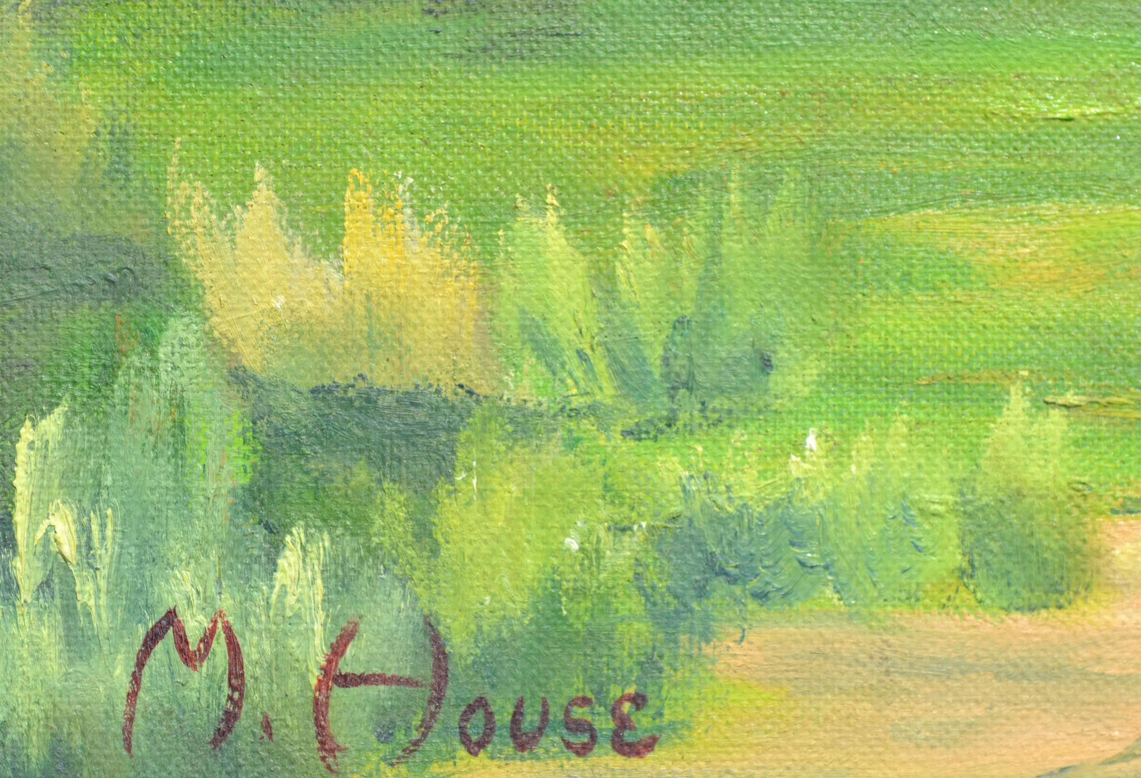 Paysage figuratif du milieu du siècle avec grange rouge et arbre jaune - Impressionnisme américain Painting par M. House