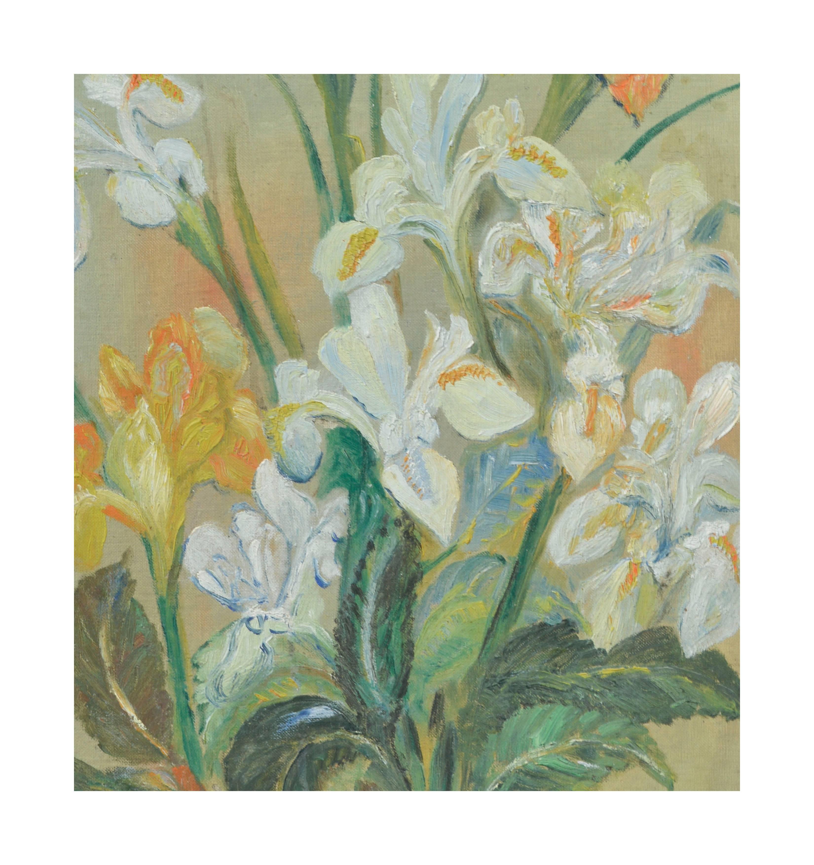 Nature morte florale d'Irises jaune et blanche du milieu du siècle dernier - Impressionnisme américain Painting par Alvira Powell