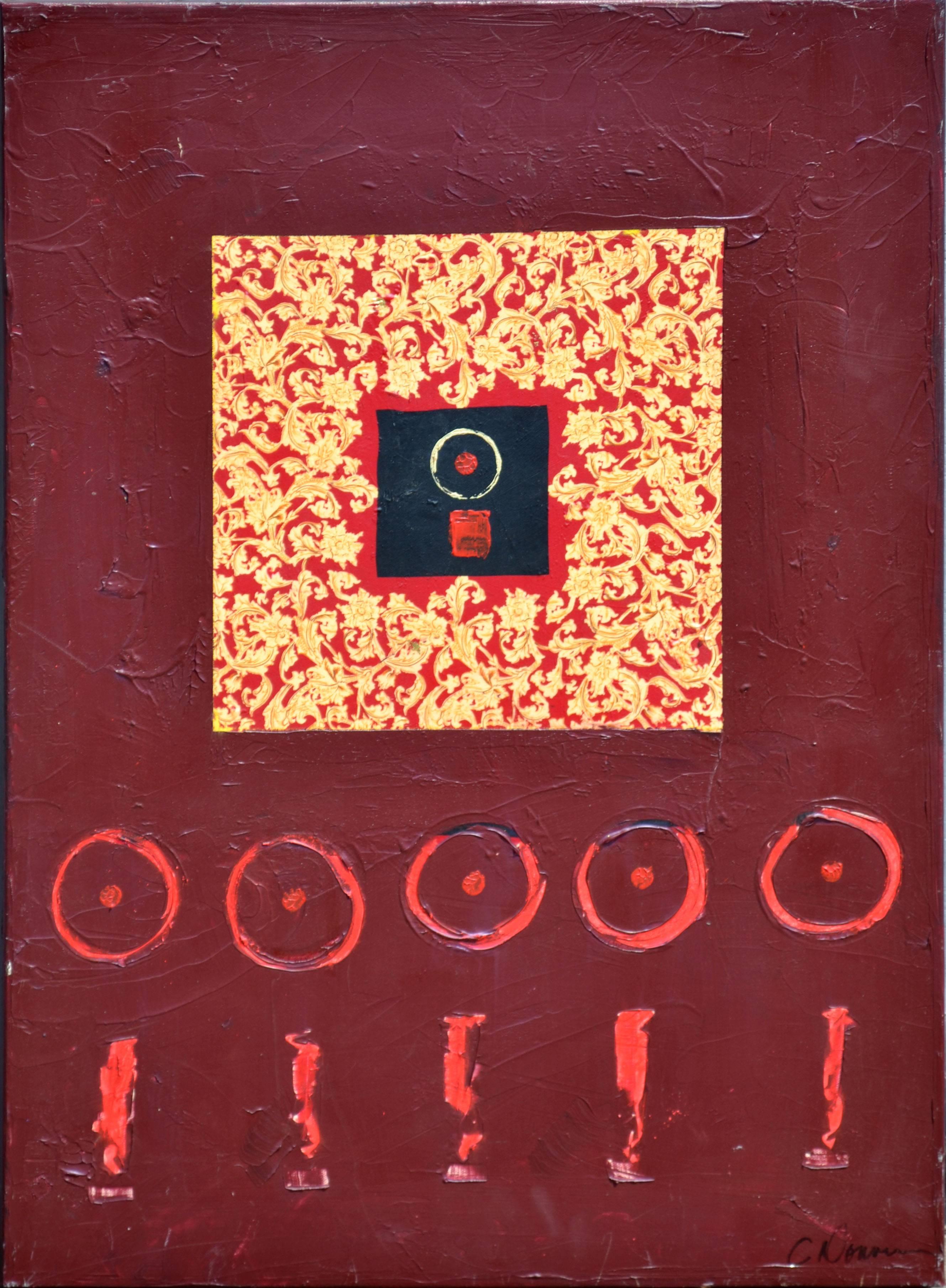 Abstract Painting di Christine Donovan - Cerchio rosso e linea astratta