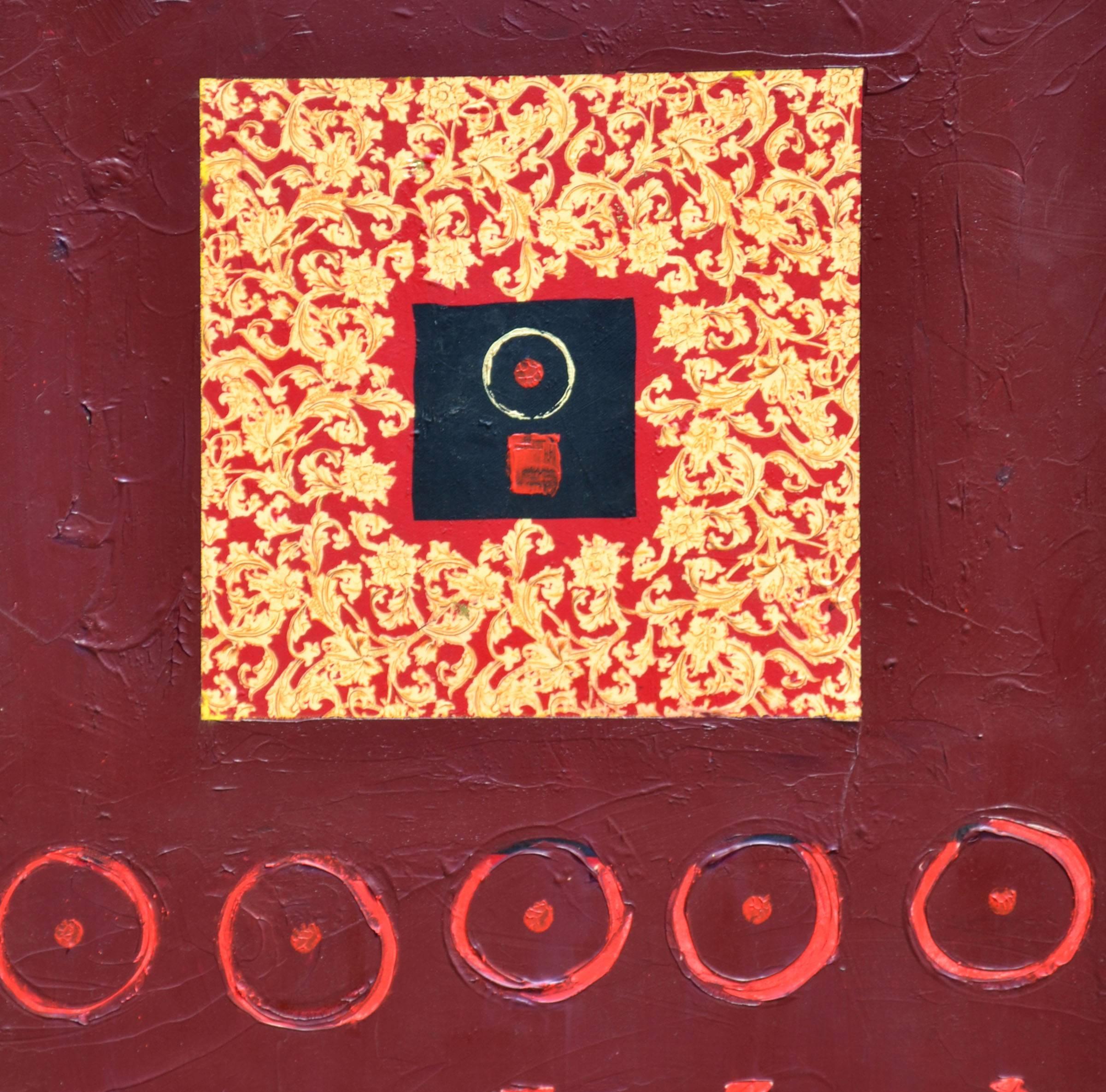 Cerchio rosso e linea astratta - Painting di Christine Donovan