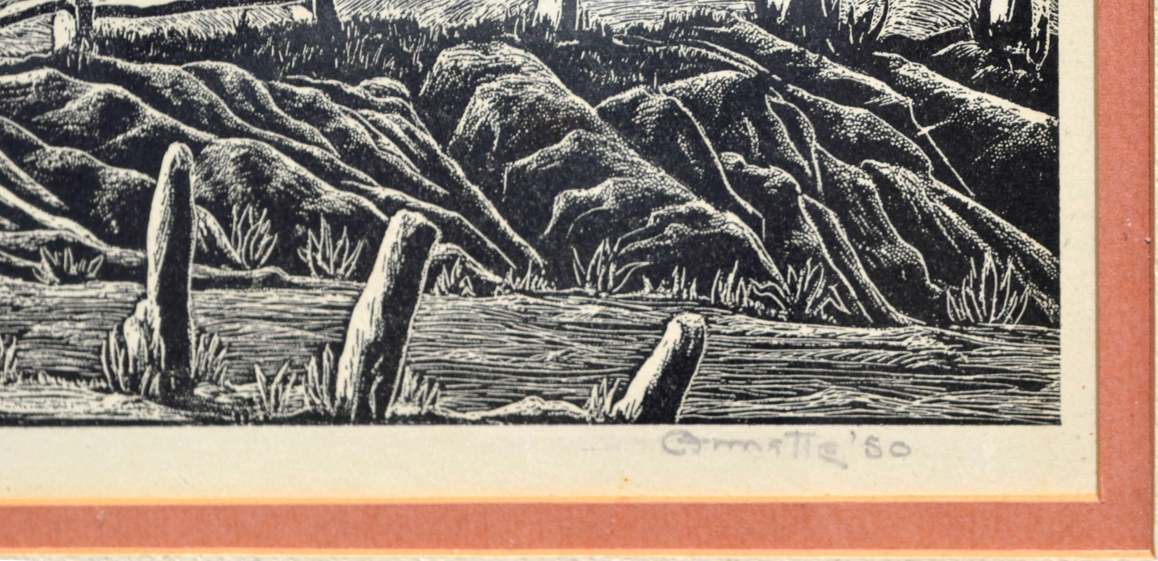 Mid Century Schafe Ranch Landschaft Holzschnitt (Amerikanischer Impressionismus), Print, von Ina Annette