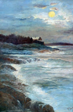 1920's Coastal Home Full Moon Landscape by T. Lewis