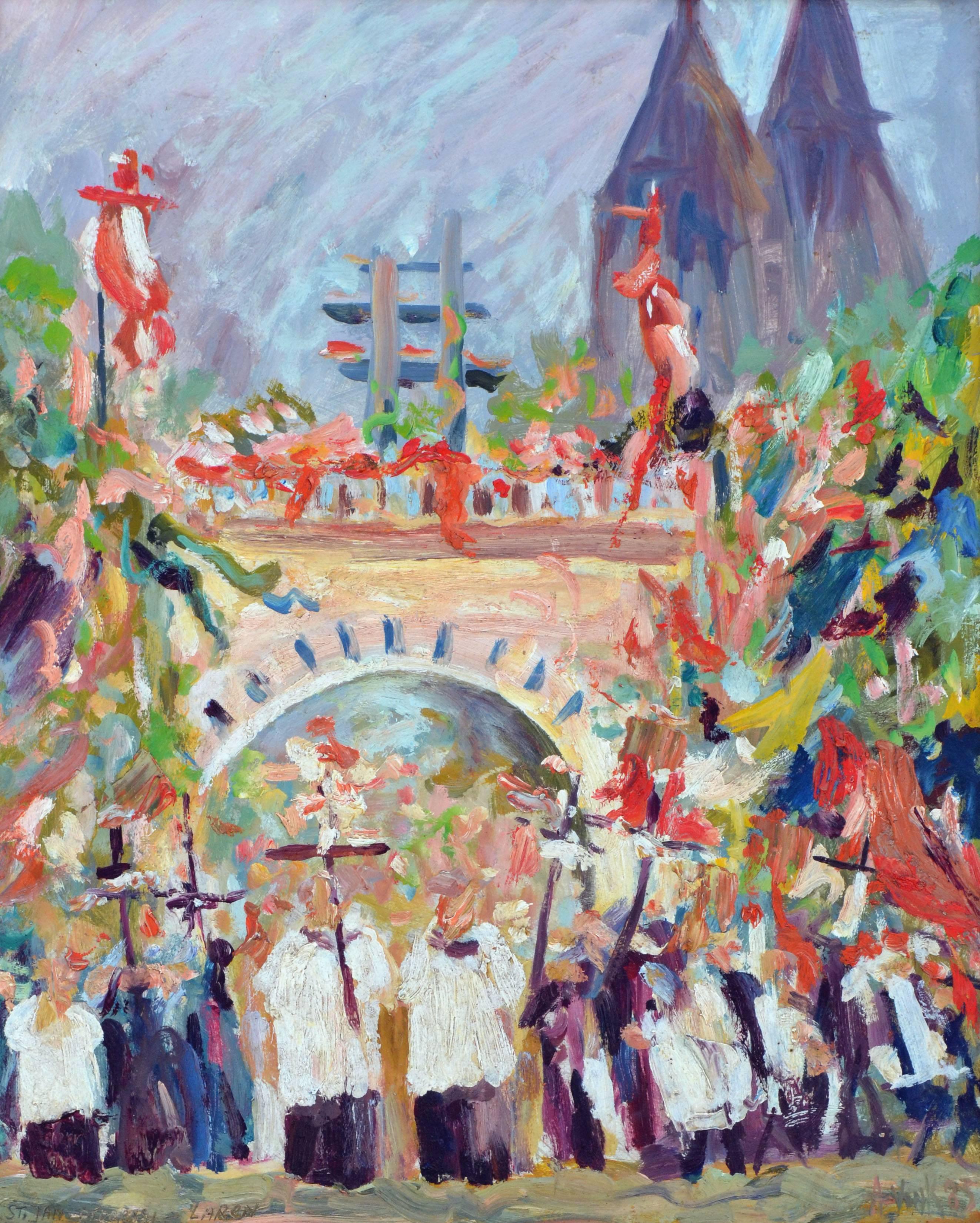 The Procession at St. Lauren Holland - Figurative Landscape  - Painting by A. Vank