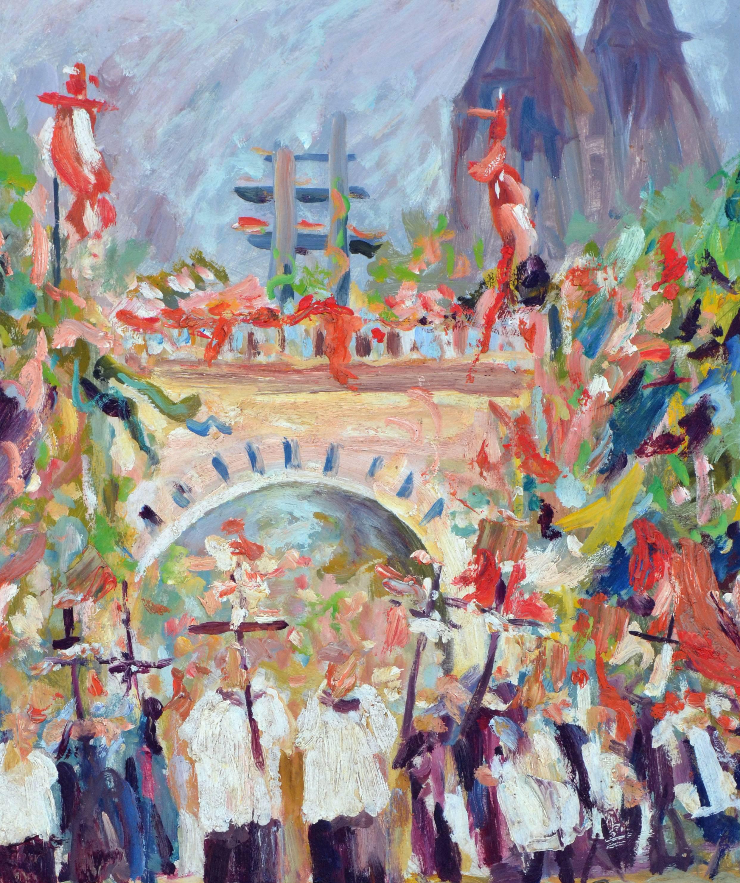 La Procesión en St. Lauren Holland - Paisaje figurativo - Painting Impresionista de A. Vank