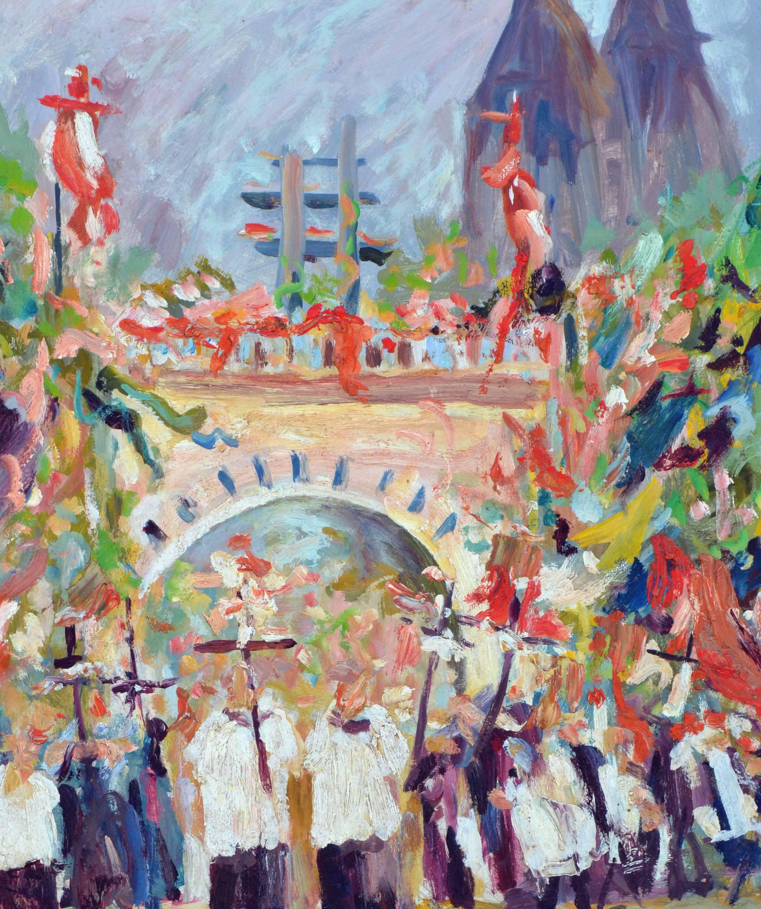 Die Procession in St. Lauren Holland - Figurative Landschaft  (Impressionismus), Painting, von A. Vank