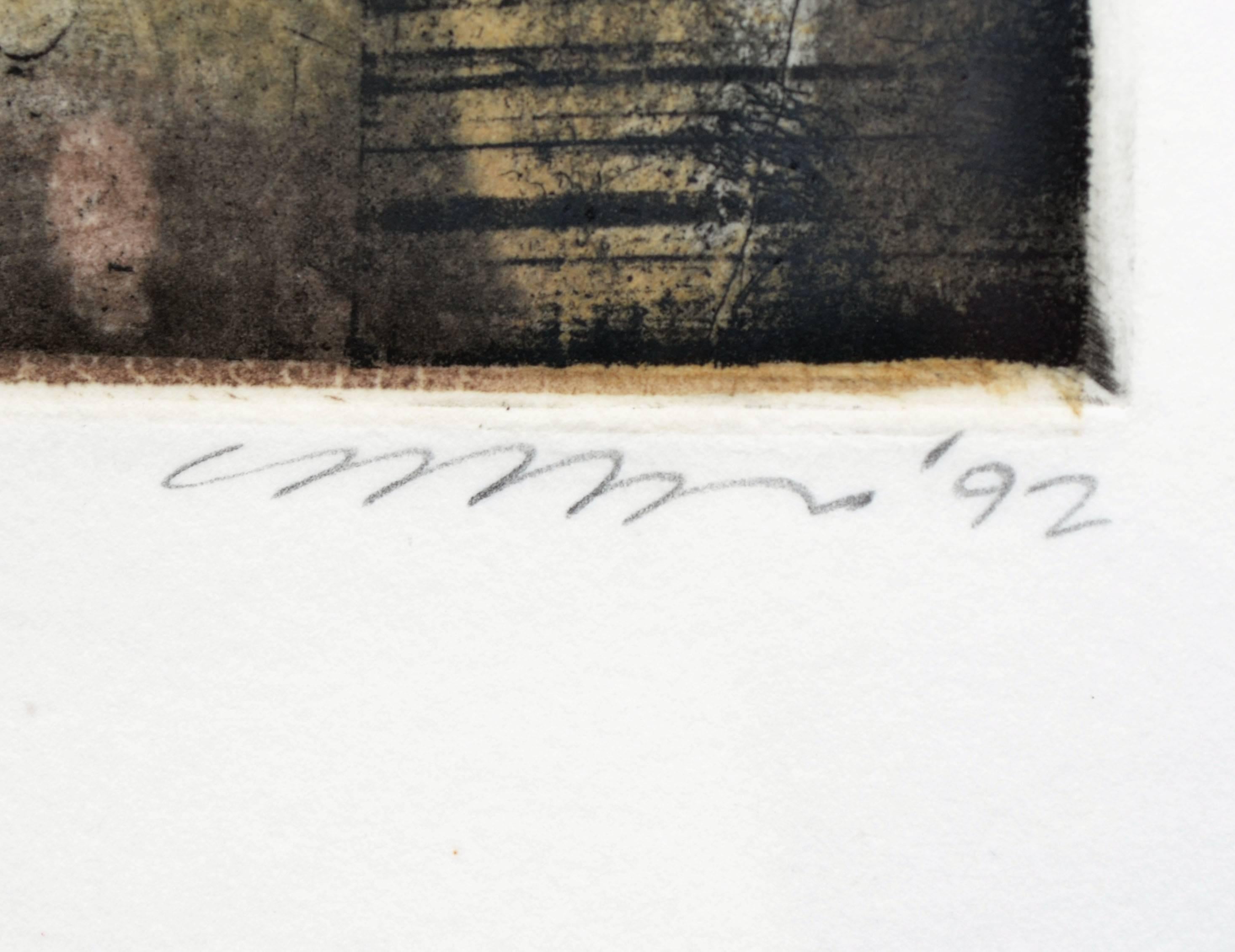 Toni della terra, una litografia astratta di un artista sconosciuto (americano, XX secolo). Presentato in una cornice di metallo. Firmato indistintamente e datato 