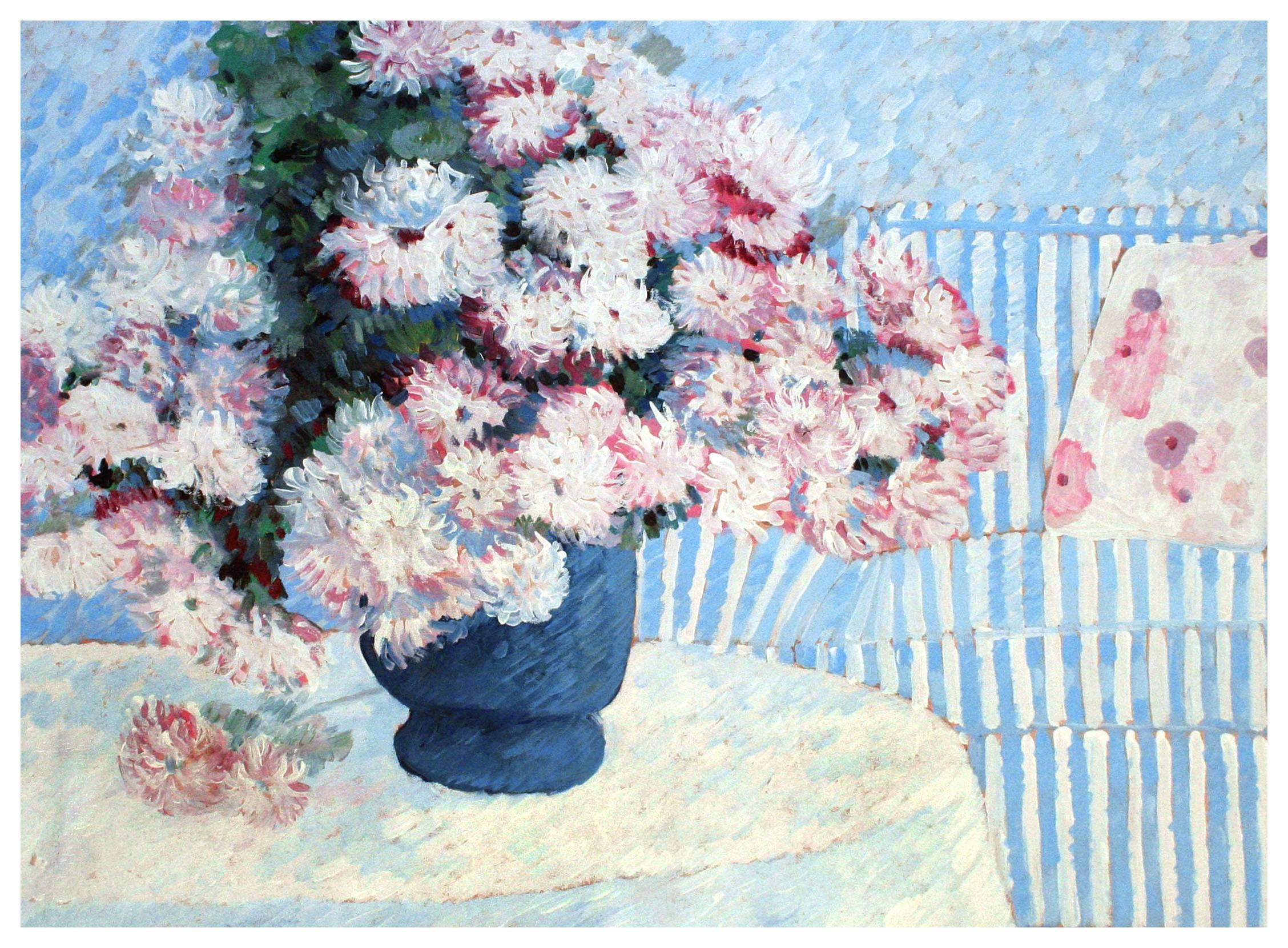 Pink & White Flowers with Blue Striped Couch Still Life - Painting by Bill Bagley