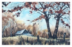 Aquarelle d'un paysage rural de ferme du milieu du siècle avec grange