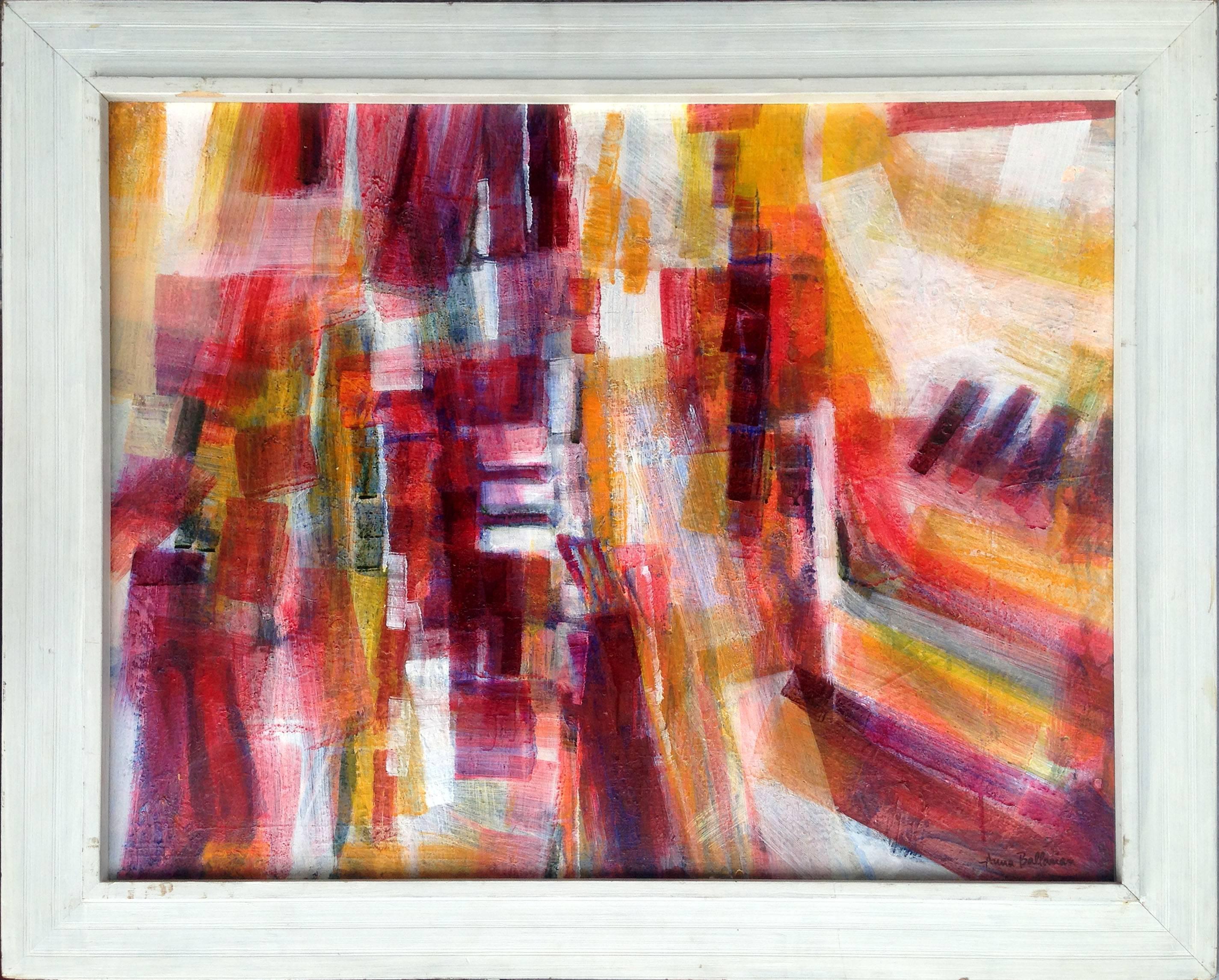 Anna Ballarian Abstract Painting - "Aerial Composition" - Mid Century Magenta & Red Abstract 