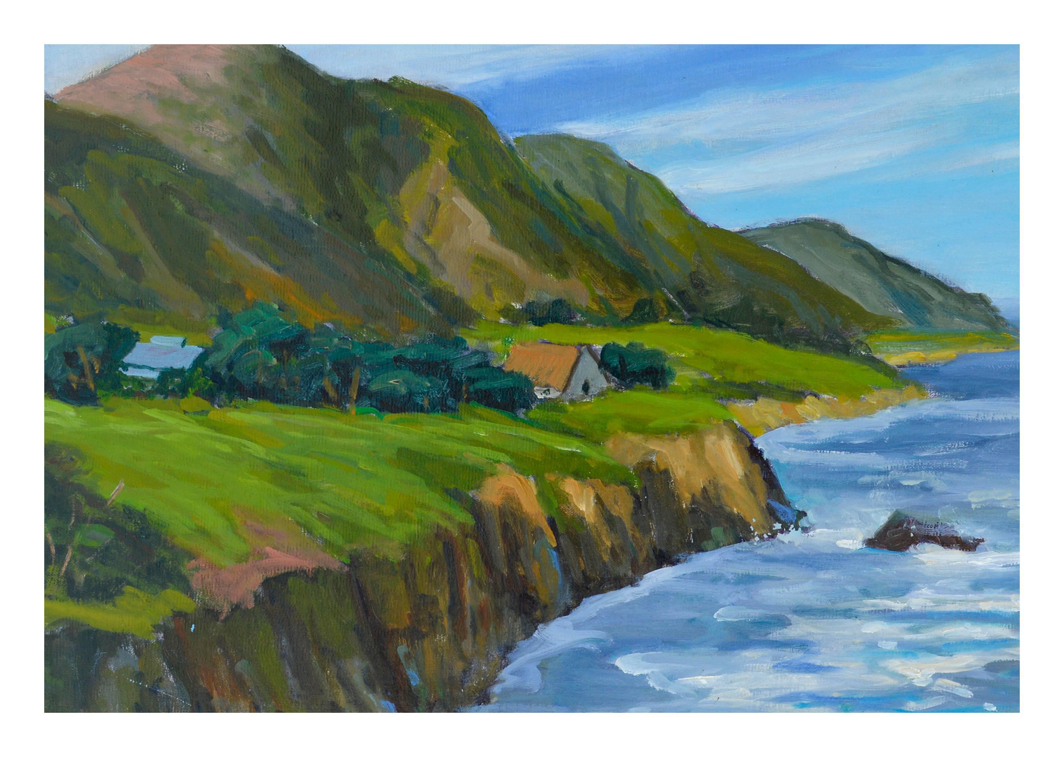 Big Sur Coastal Farm by California artist Ray Barton (American, 1918-1988). Ray Barton specialized in plein air paintings of Carmel Valley, Monterey and Pacific Grove. He lived on Grace Street during the 60's-80's in Monterey near the Presidio.