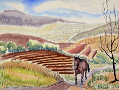 Horse in the Fields - Aquarelle - Paysage figuratif des années 1930
