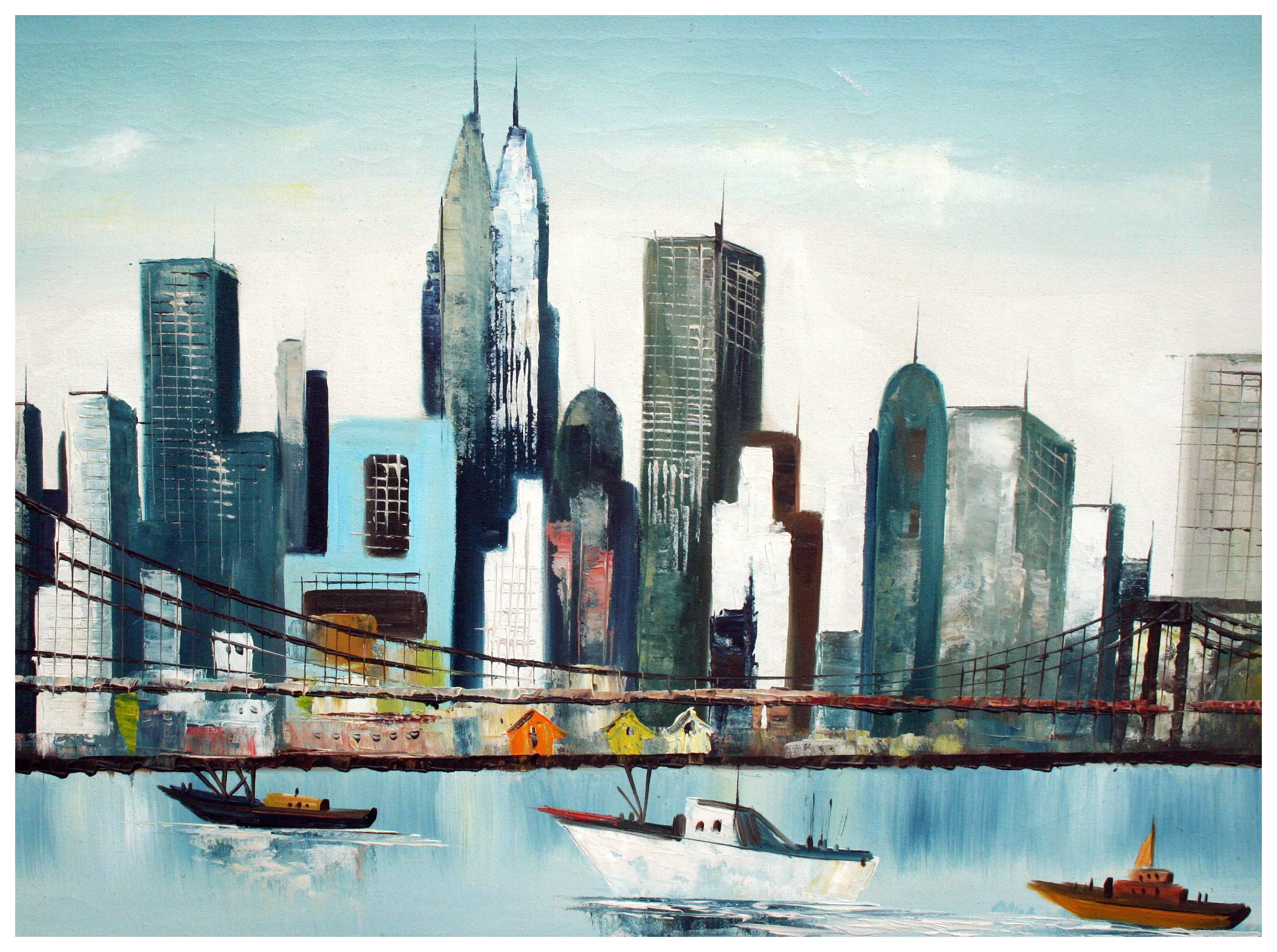 A bright naive oil painting showing a view of boats with the Brooklyn Bridge in the foreground and New York in the background. Louis Stanio is a painter of European romantic street scenes and American cityscapes. Signed lower right 