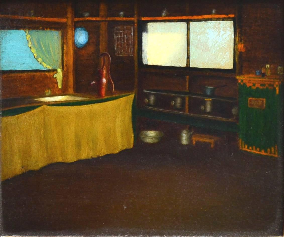 Mid Century Country Kitchen Interior  - Painting by Leslie Buck