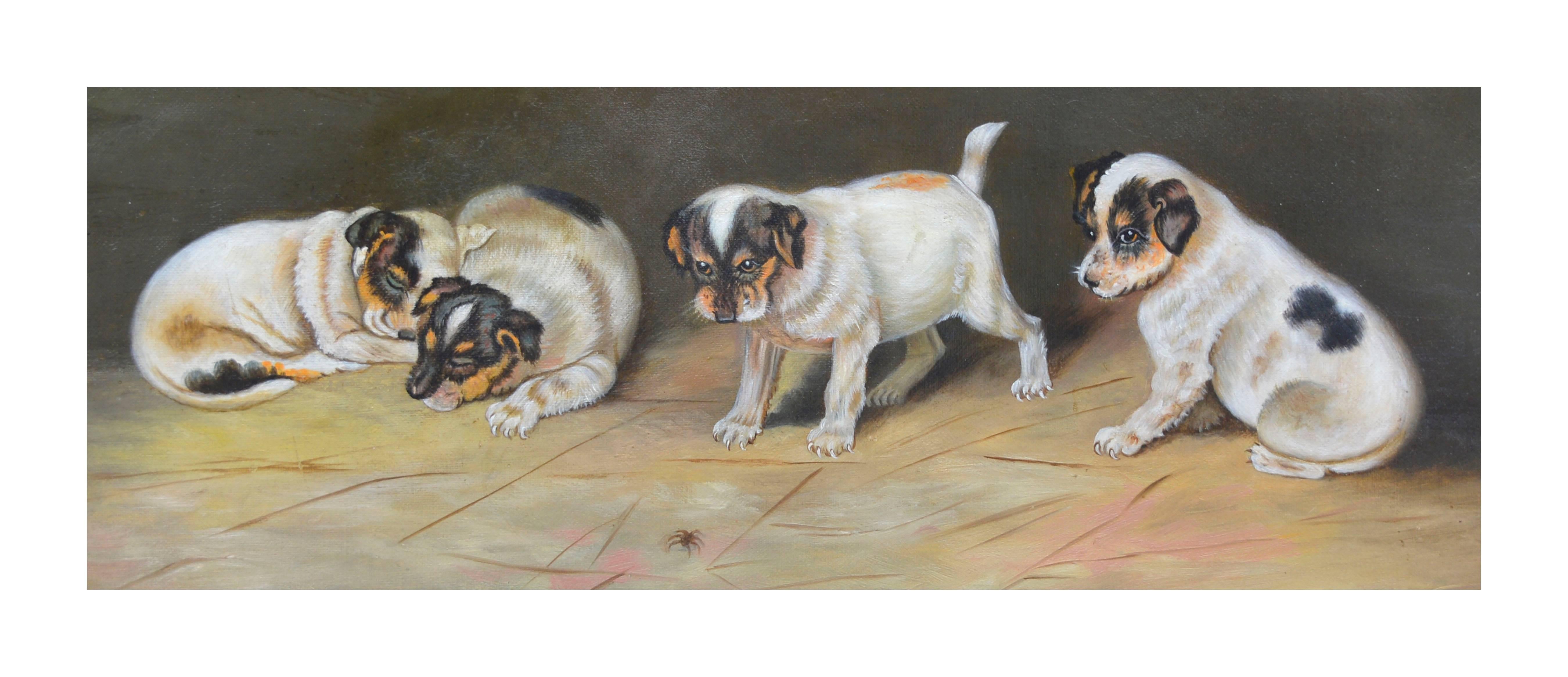 Late 19th C. Jack Russell Terrier Puppies - Painting by Elda Cutler