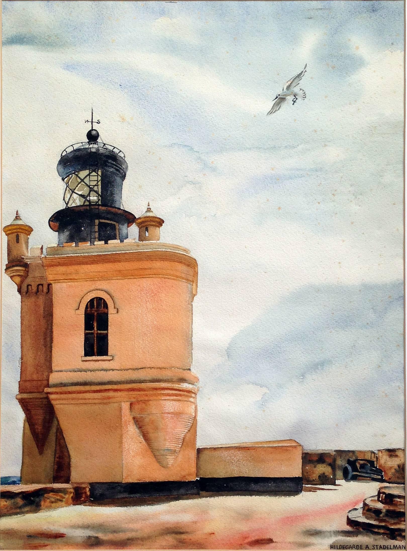 El Morro Lighthouse, Puerto Rico - Mid Century Landscape  - Painting by Hildegarde Alice Stadelman
