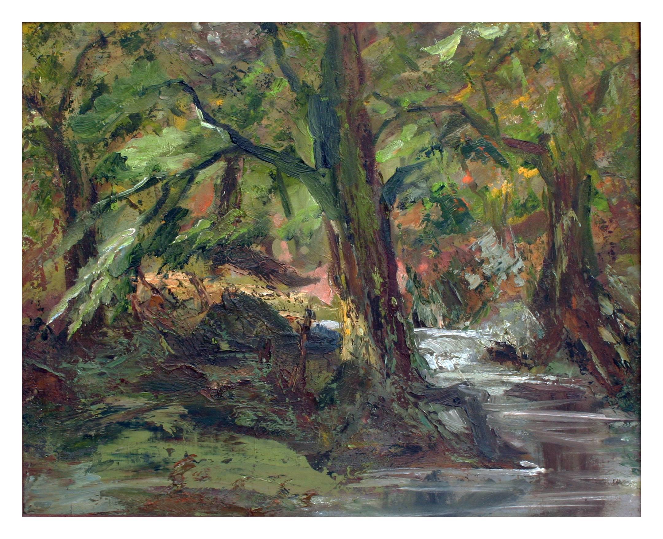 Jules Jaques Landscape Painting - Green Forest Stream Landscape