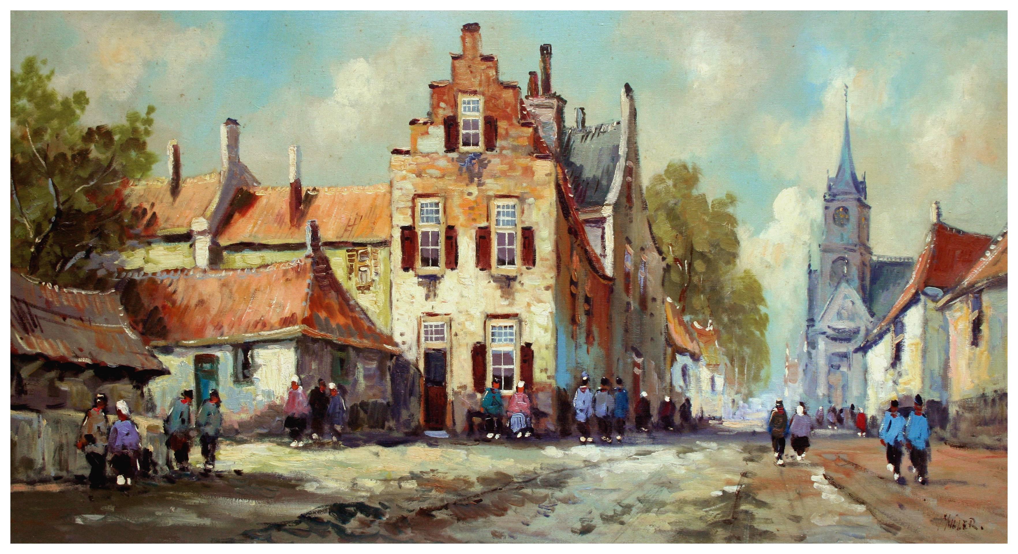 Holland Fishing Village - Mid Century Figurative Landscape  - Painting by Muller