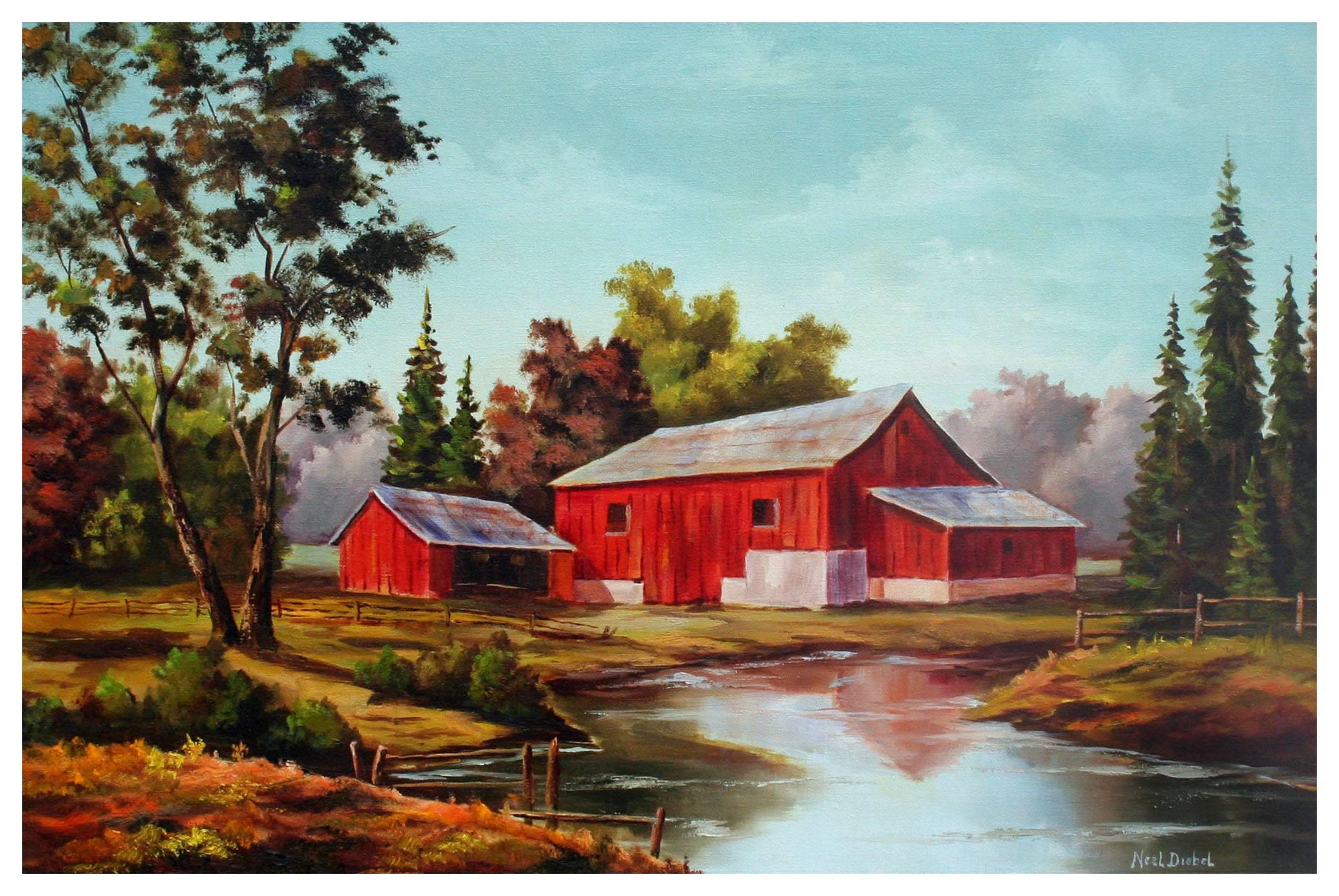 Red Barn in the Countryside - Painting by Neal Diebel