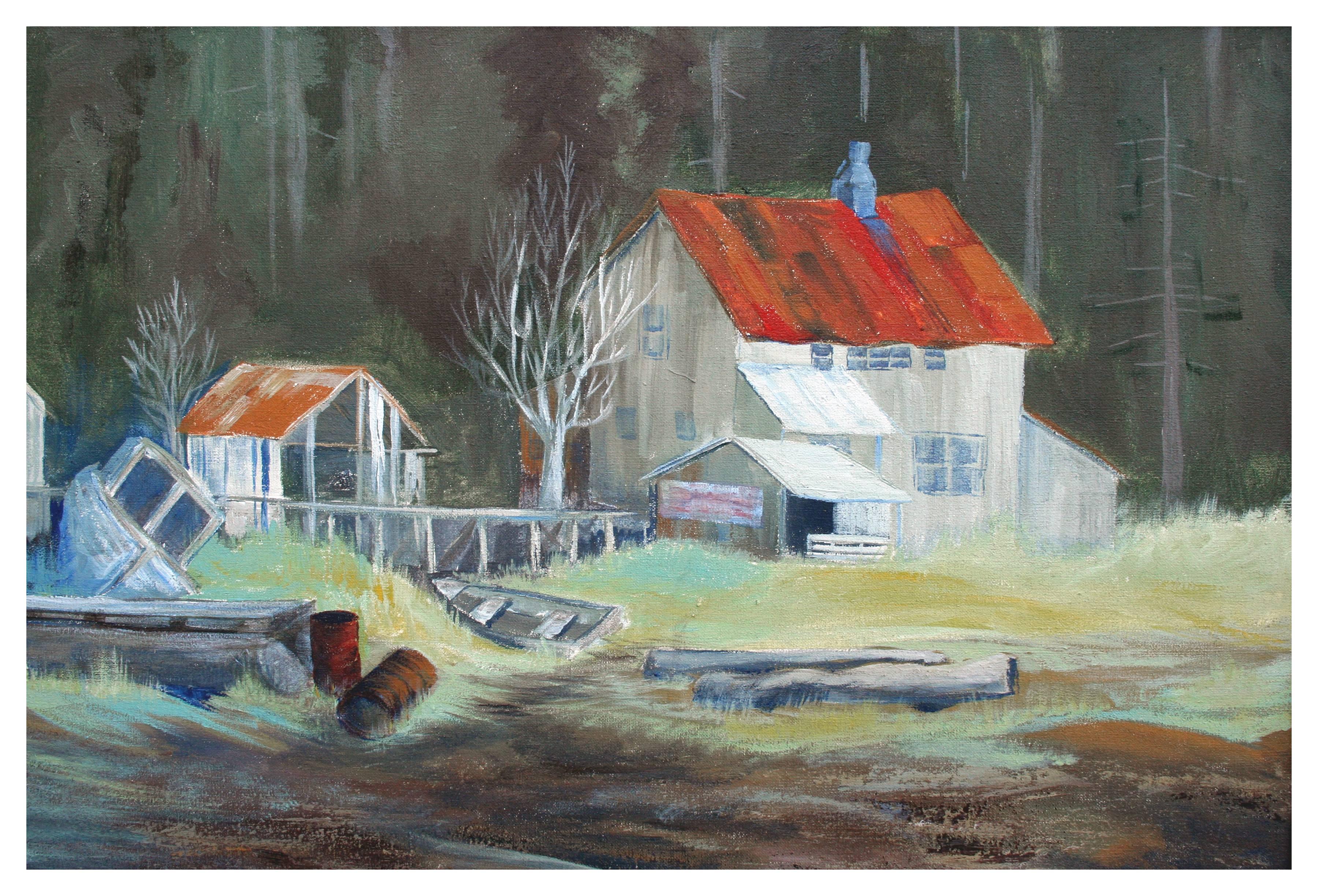 1970's On the Lake Landscape - Painting by Linda Larsen 