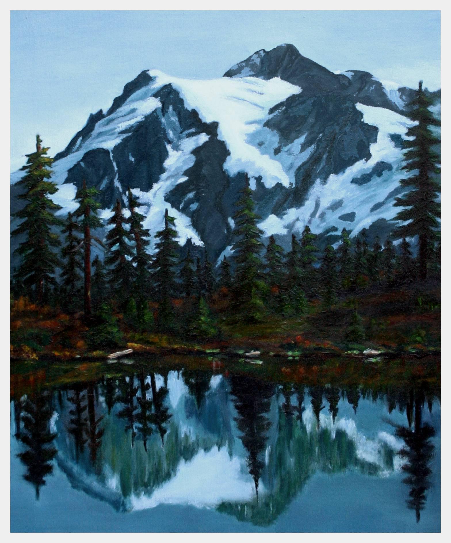 Snow Capped Mountain Reflections Landscape - Painting by Evalyn Clark