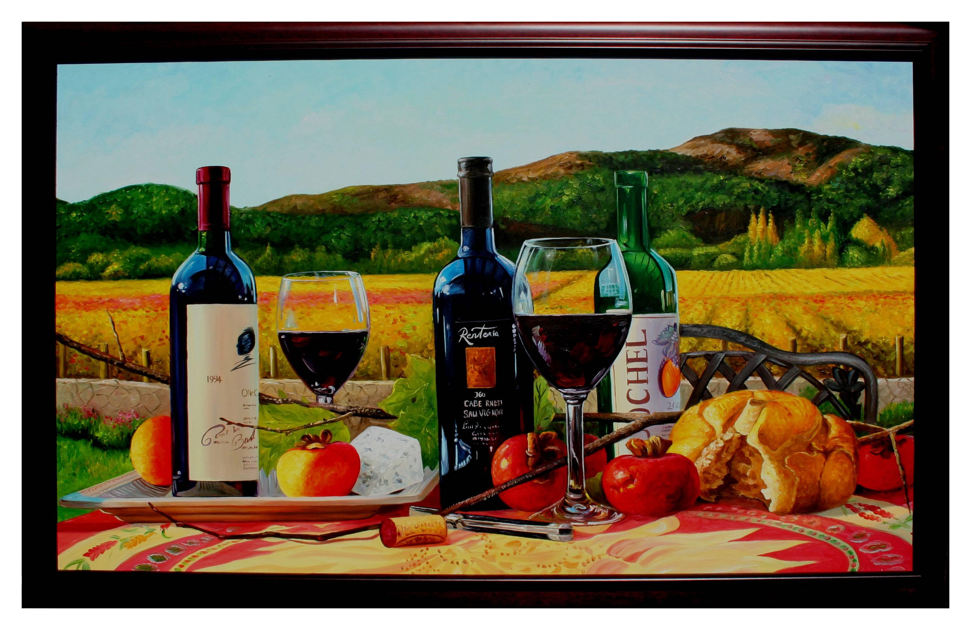 Napa Wine Tasting Picnic Still Life Landscape  - Painting by Unknown