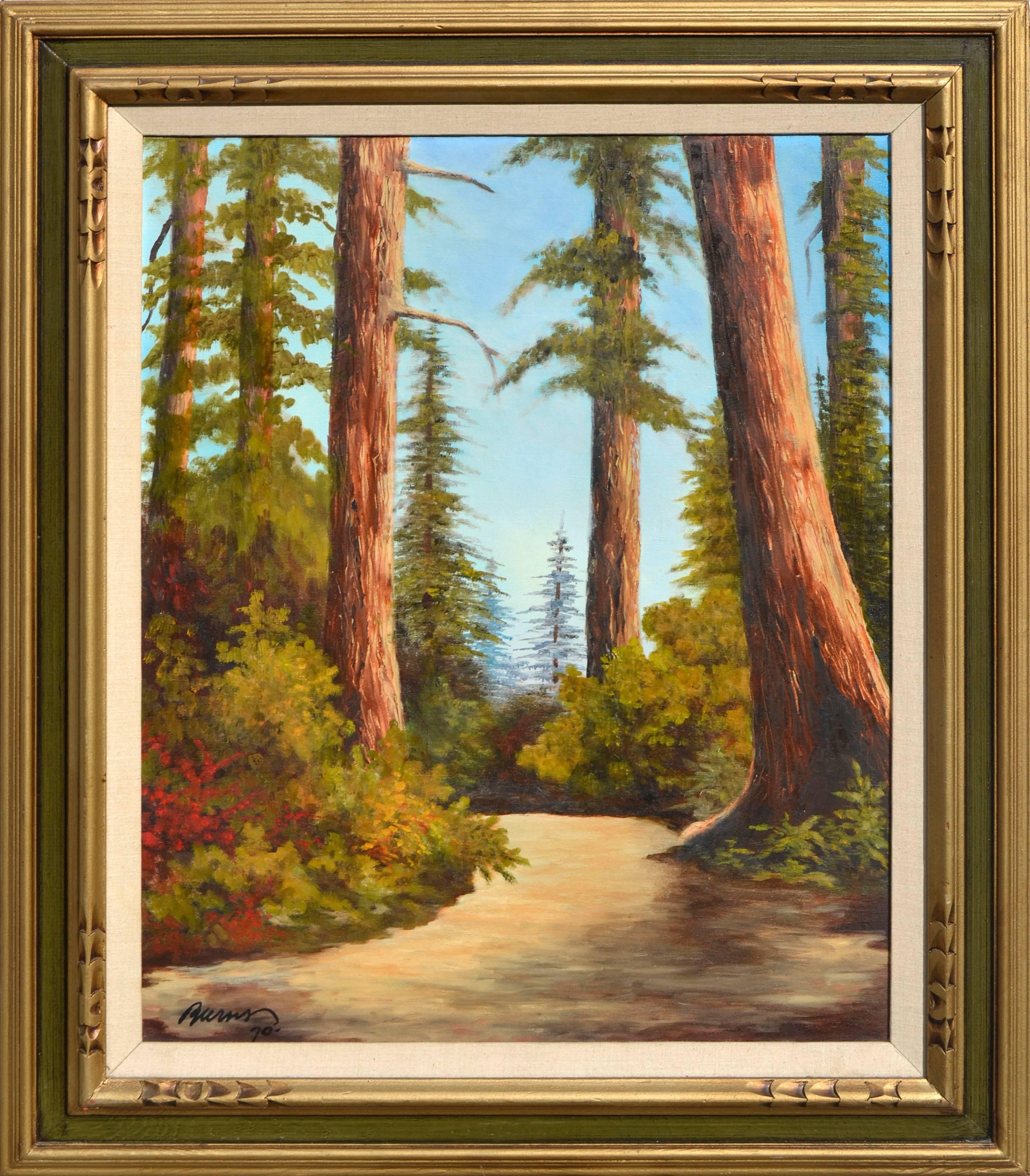 Beautiful oil painting of a trail through the California redwoods. Displayed in a period wood frame with linen liner. Signed and dated "Burns 70" lower left corner. Image, 30"H x 24"W.