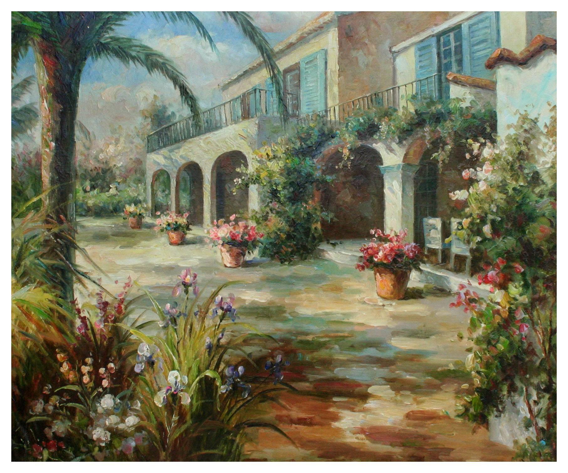 Vintage Palm Beach Courtyard Garden Landscape - Painting by Unknown