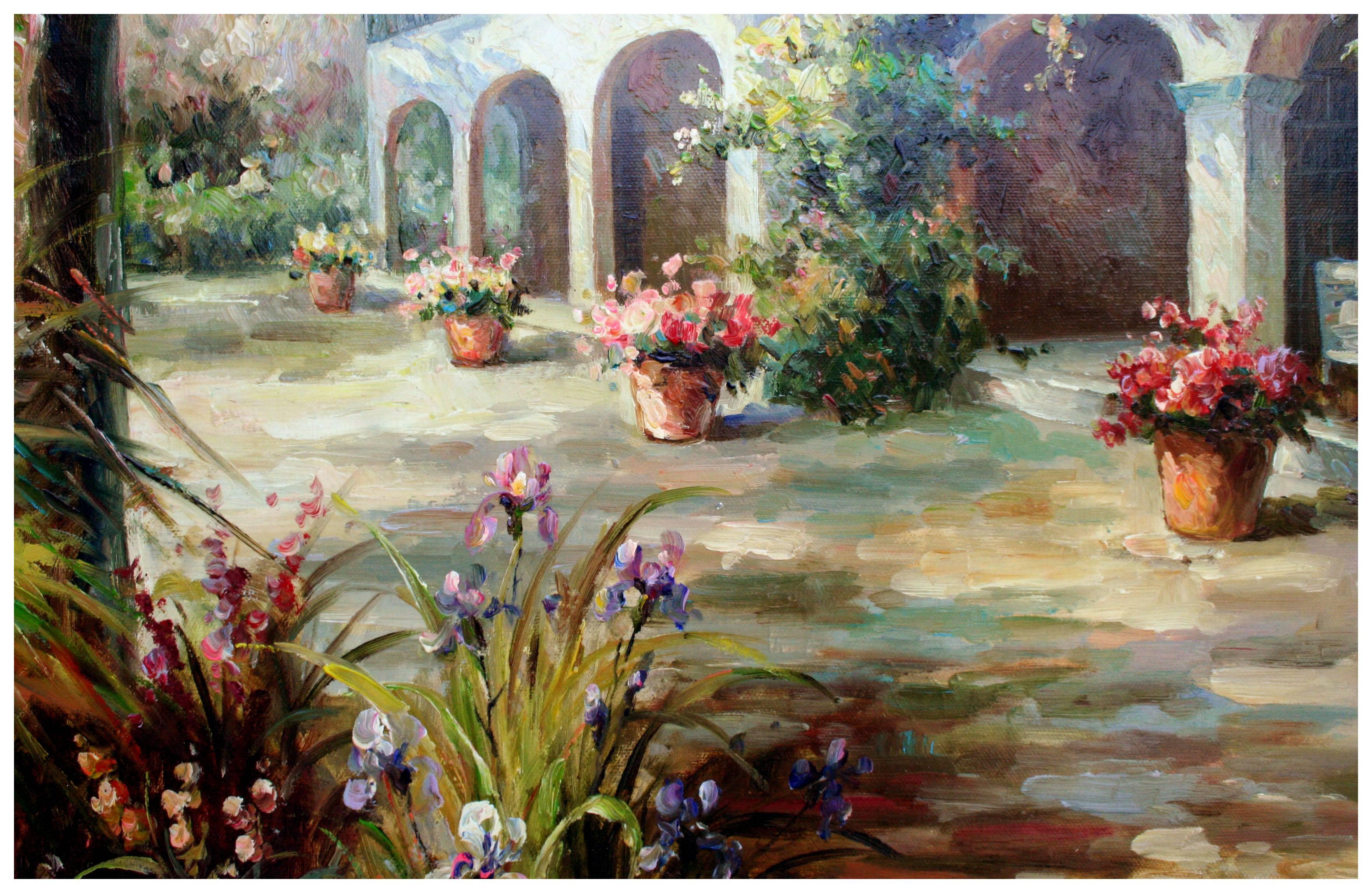 Vintage Palm Beach Courtyard Garden Landscape - American Impressionist Painting by Unknown