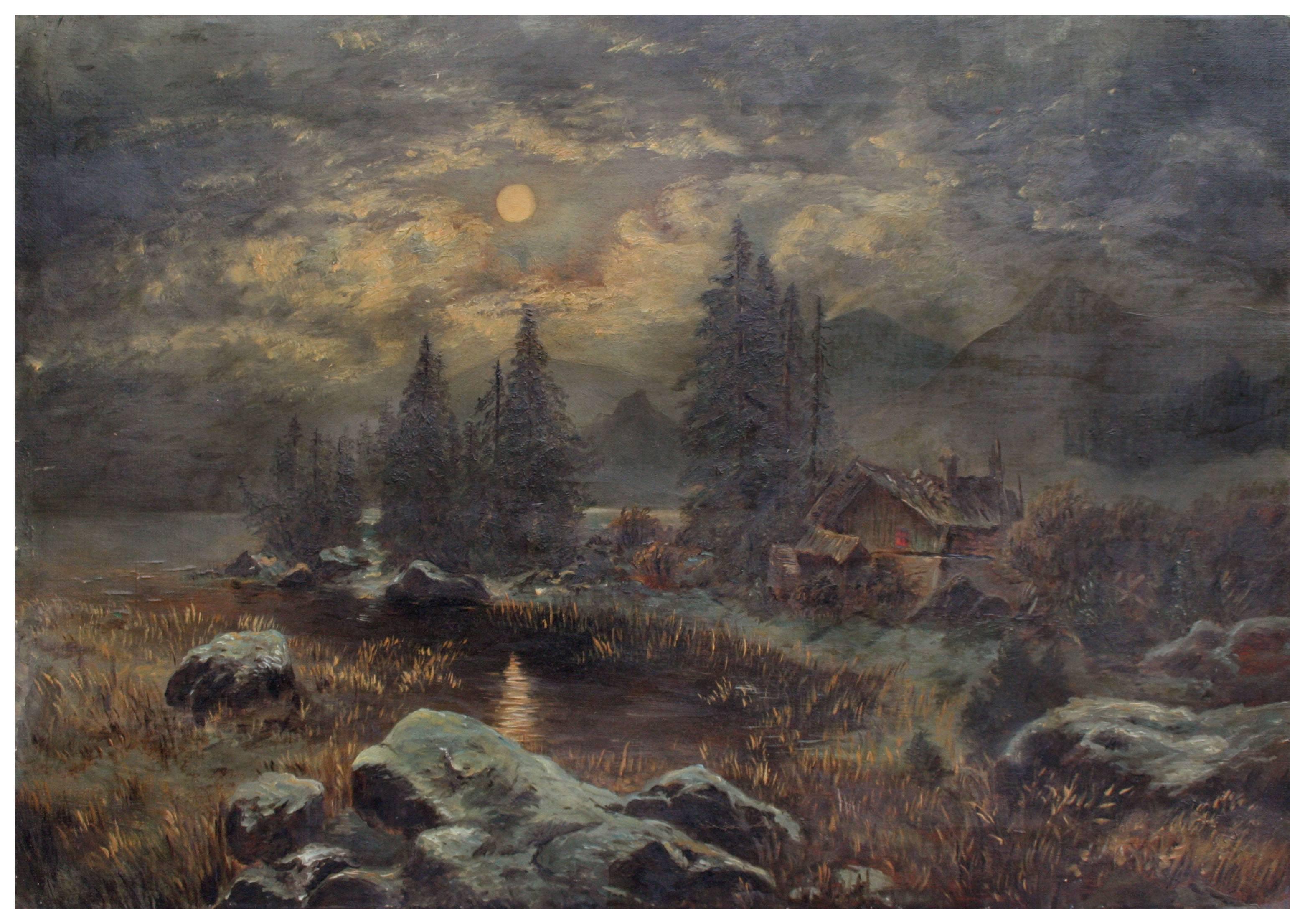 Adelaide Elizabeth Doman Crocker Landscape Painting - Late 19th Century Nocturnal Landscape -- Countryside at Night