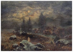 Antique Late 19th Century Nocturnal Landscape -- Countryside at Night