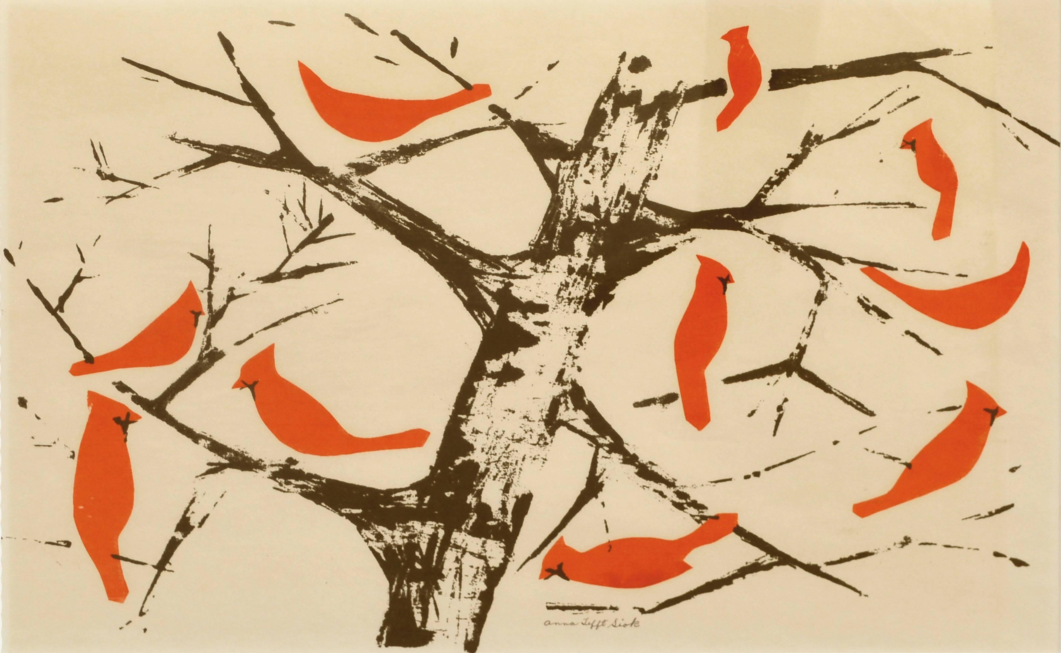 Modernist Red Cardinals - Painting by Anna Tefft Siok