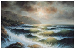 Leuchtturm auf den Wellen Meereslandschaft aus der Mitte des Jahrhunderts