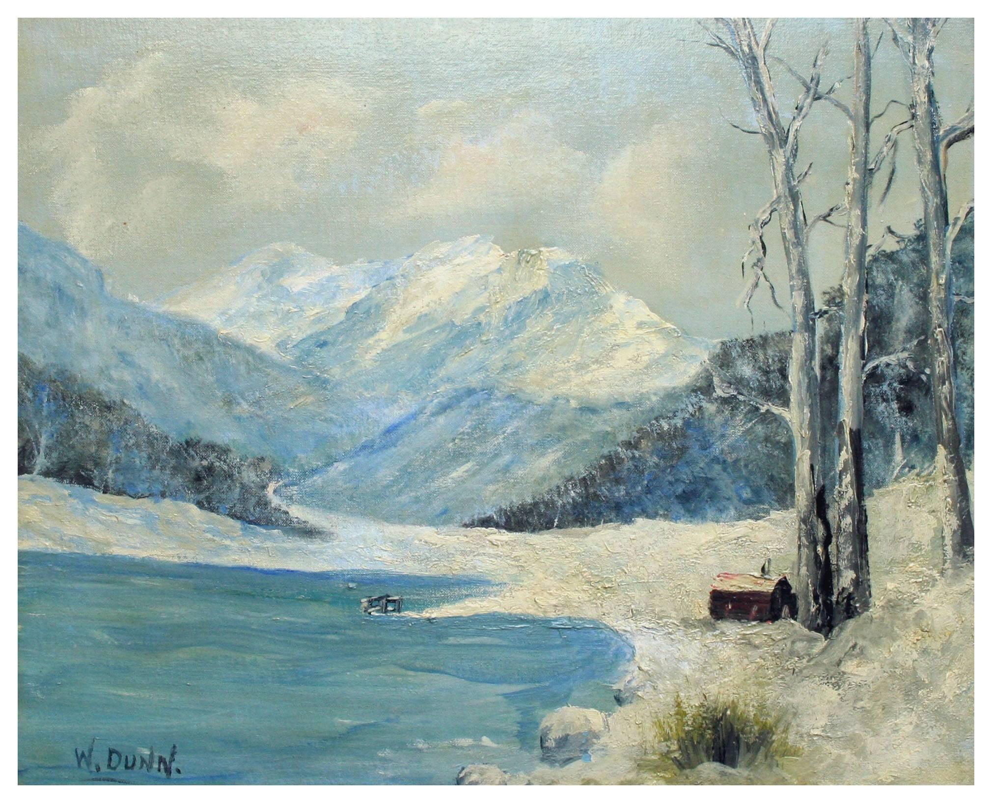 Mountain Lake Cabin in Snow, Mid-Century Winter Landscape - Painting by W. Dunn