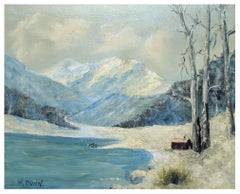 Mountain Lake Cabin in Snow, Mid-Century Winter Landscape