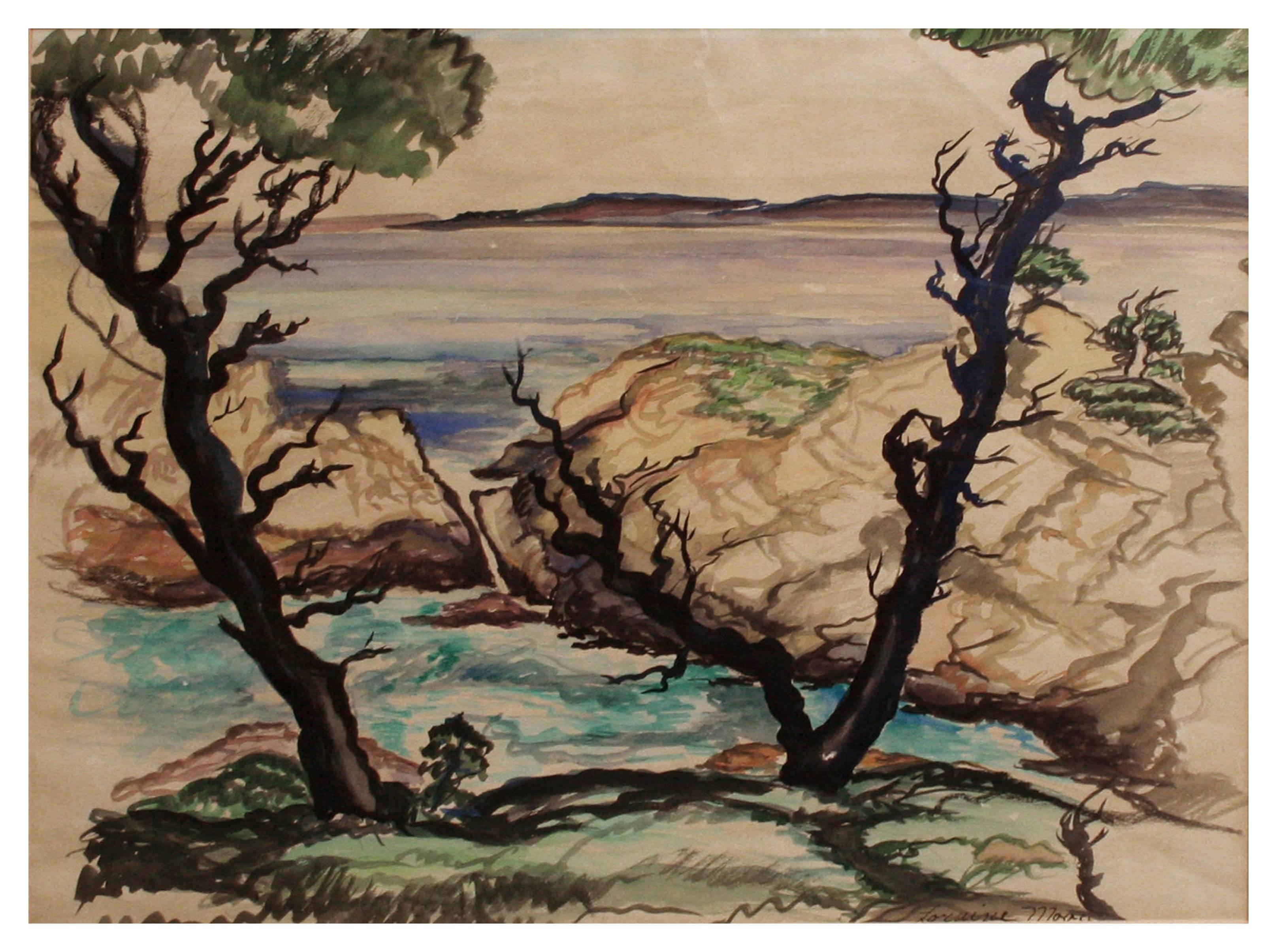 Mid Century Watercolor Seascape with Cypress - Painting by Loraine Moore