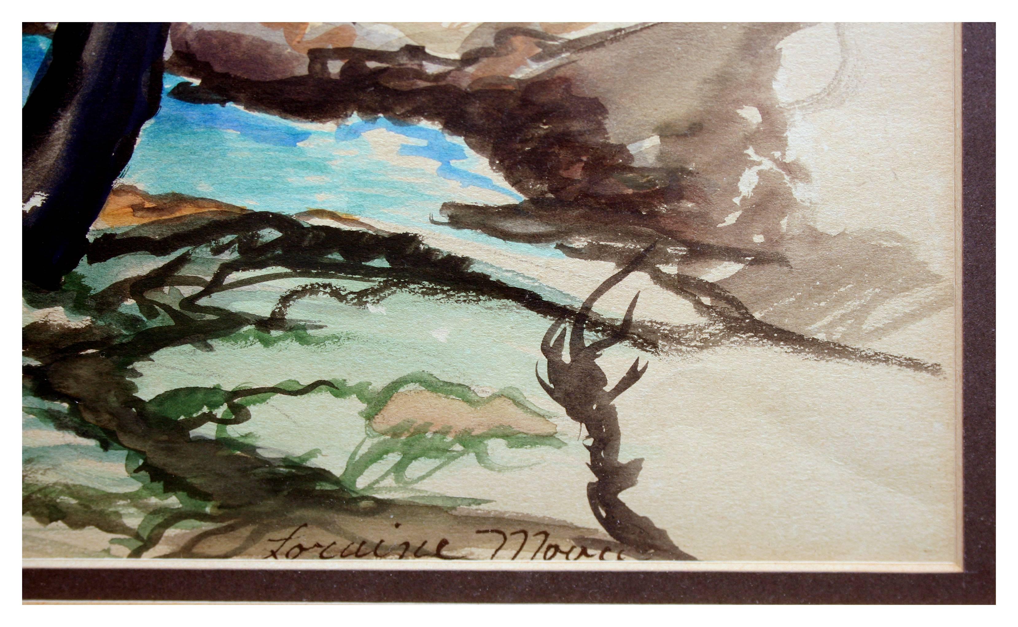 Mid Century Watercolor Seascape with Cypress - Impressionist Painting by Loraine Moore
