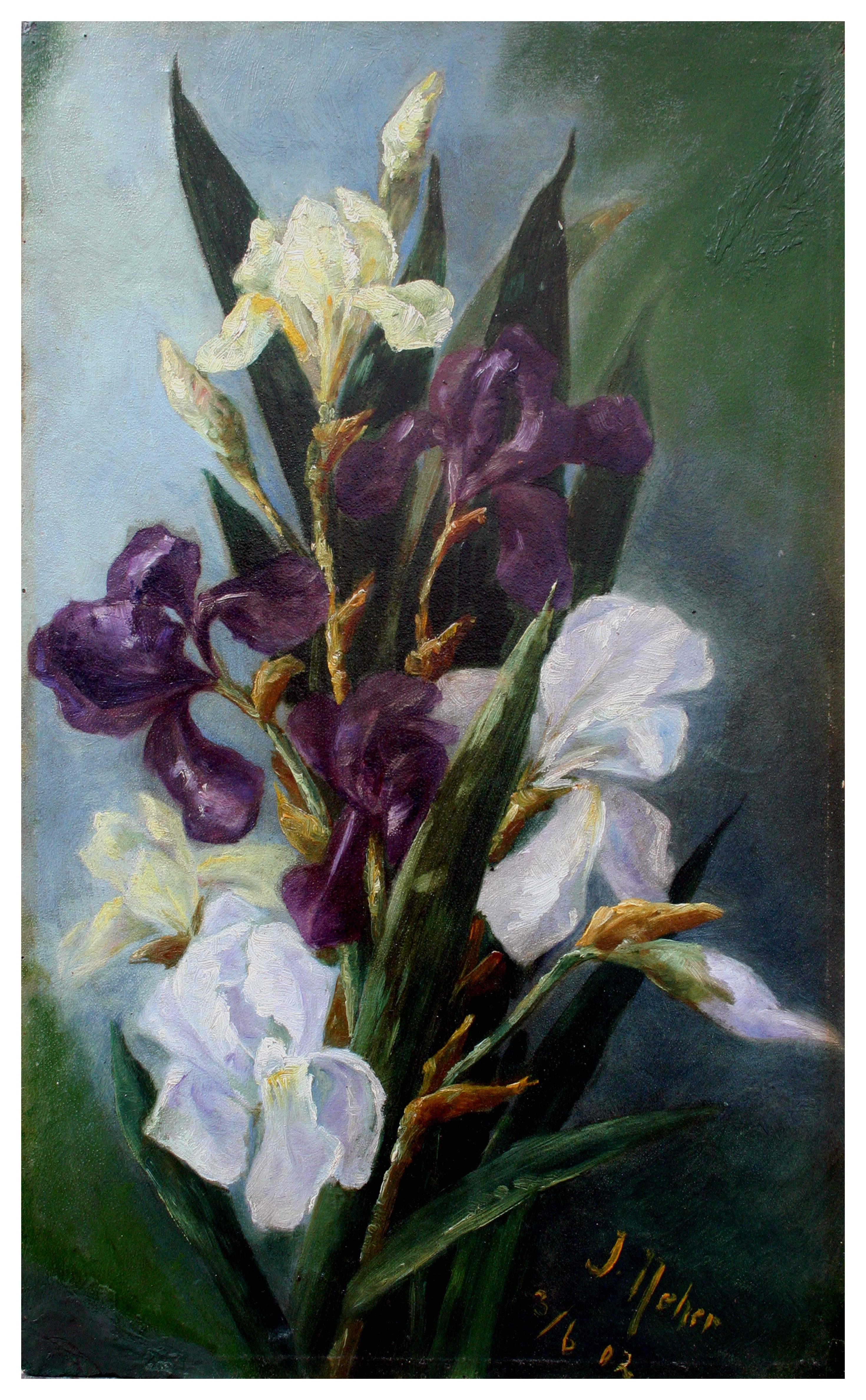 Turn of the Century Japanese Irises Still Life - Painting by J. Neher