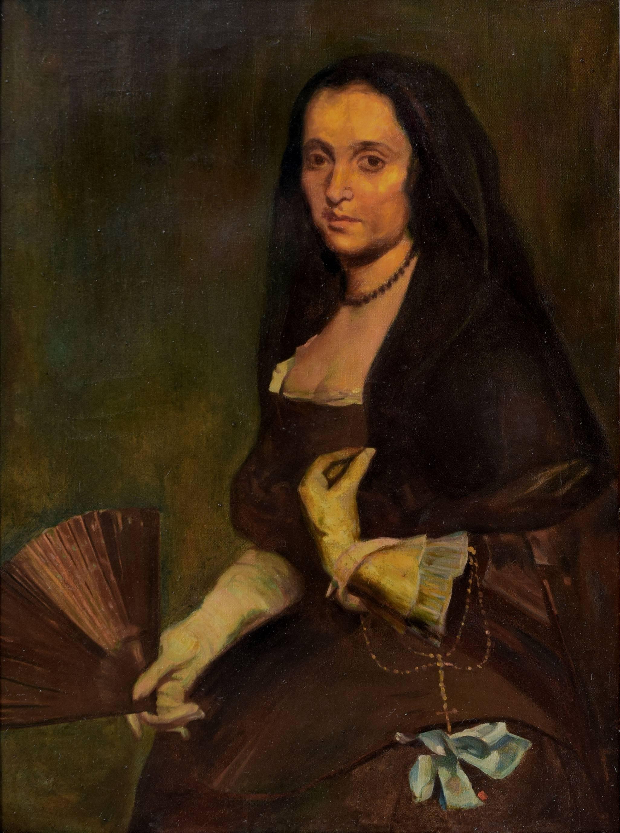 The Lady with a Fan after Diego Velasquez - Painting by Unknown