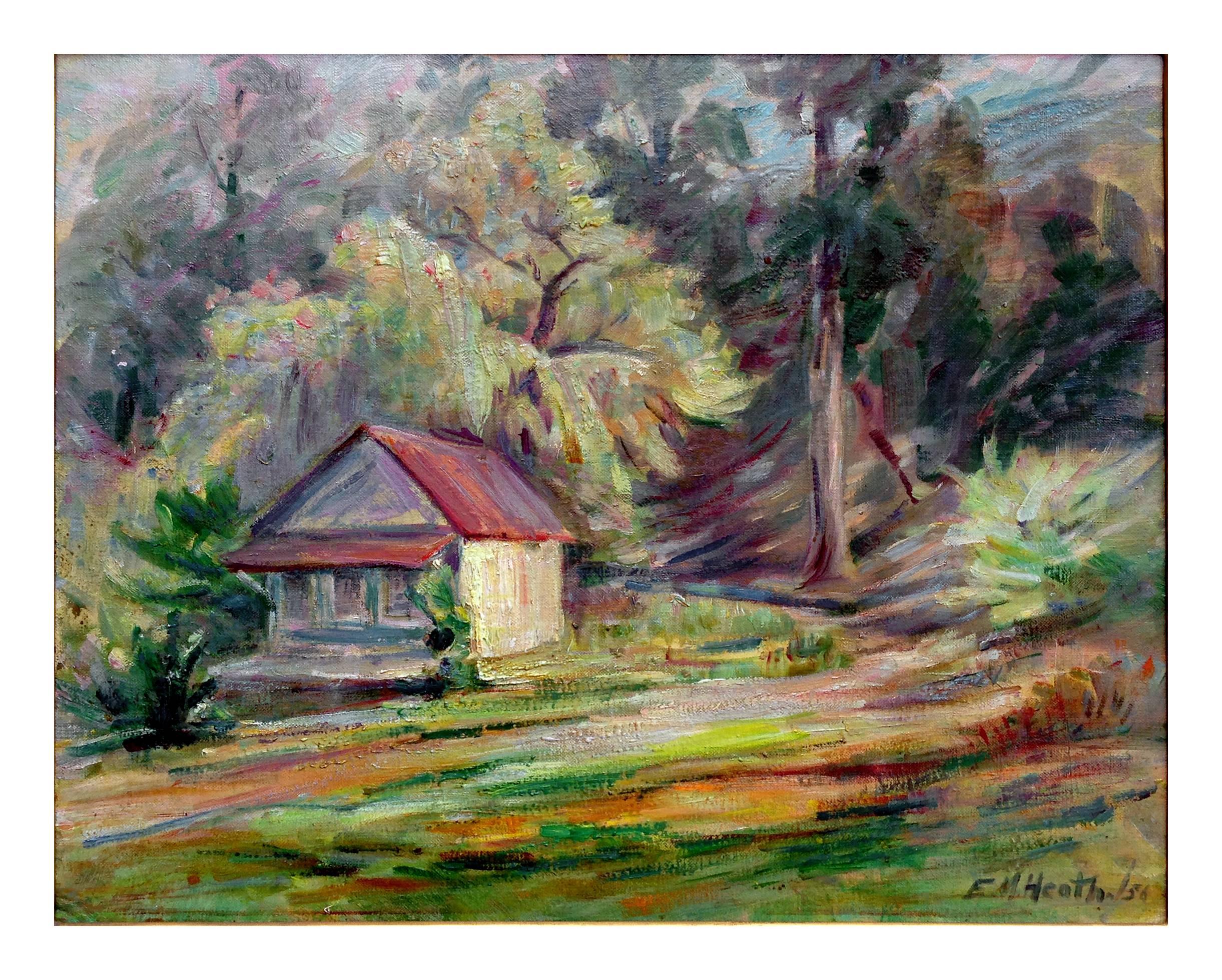 Mid Century Pacific Grove Cabin Landscape  - Painting by Edda Maxwell Heath