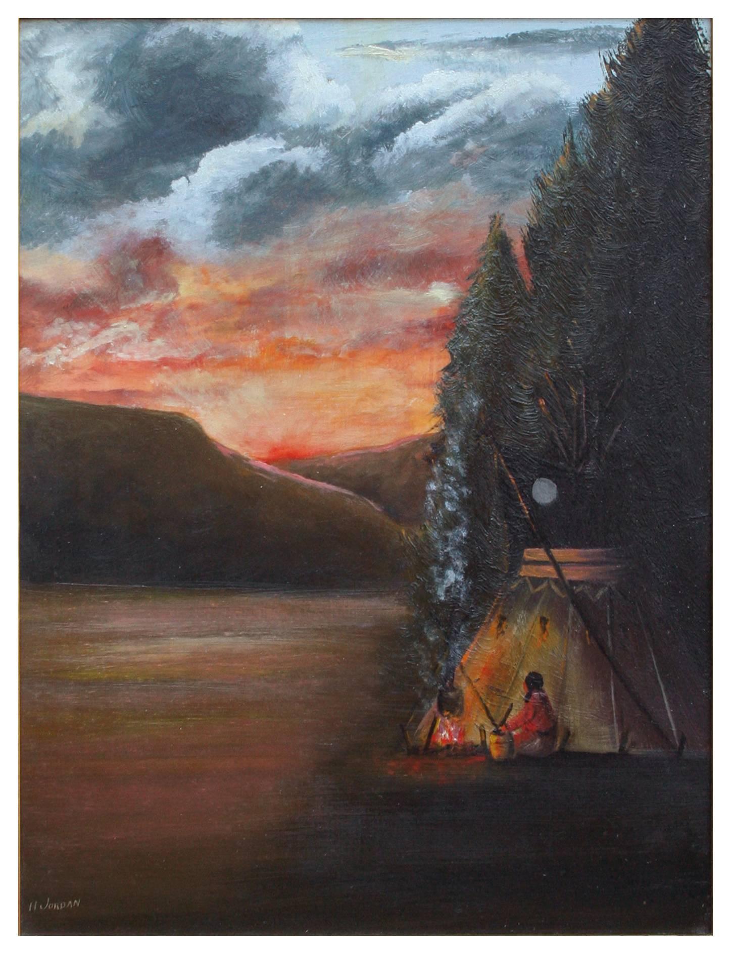 Mid Century Indian Camp Landscape - Painting by Helen Adelia Jordan