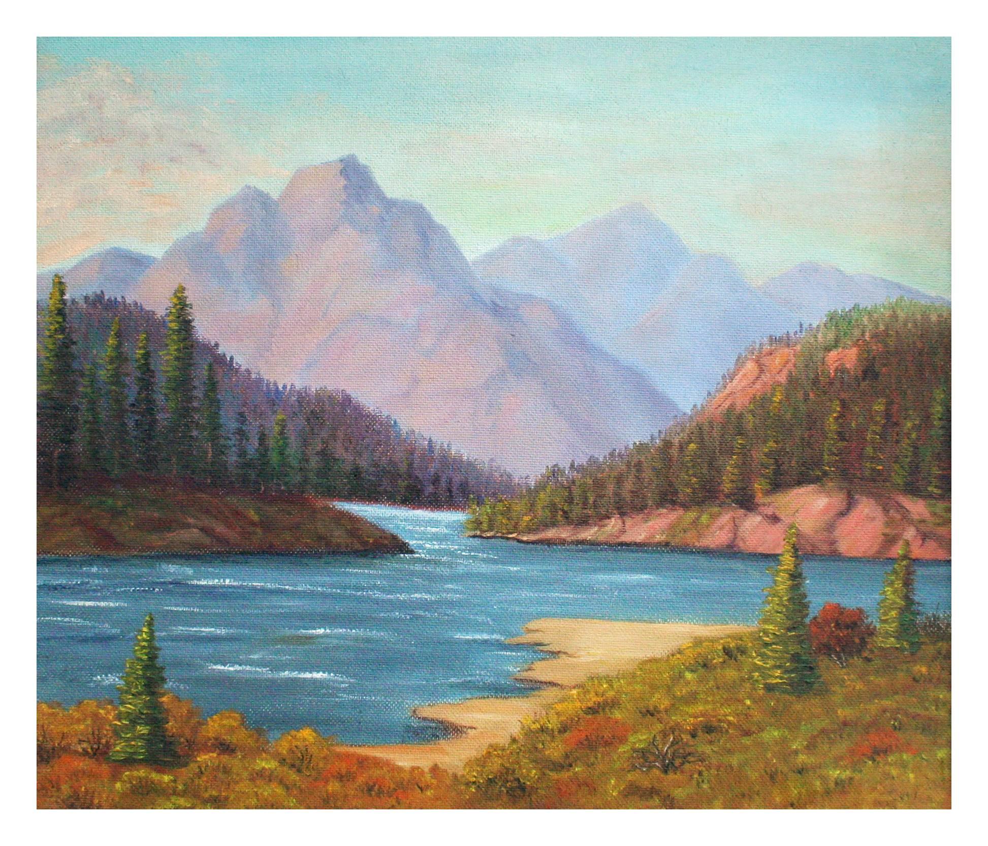 Mid Century Landscape California Mountain Lakeside - Painting by Unknown