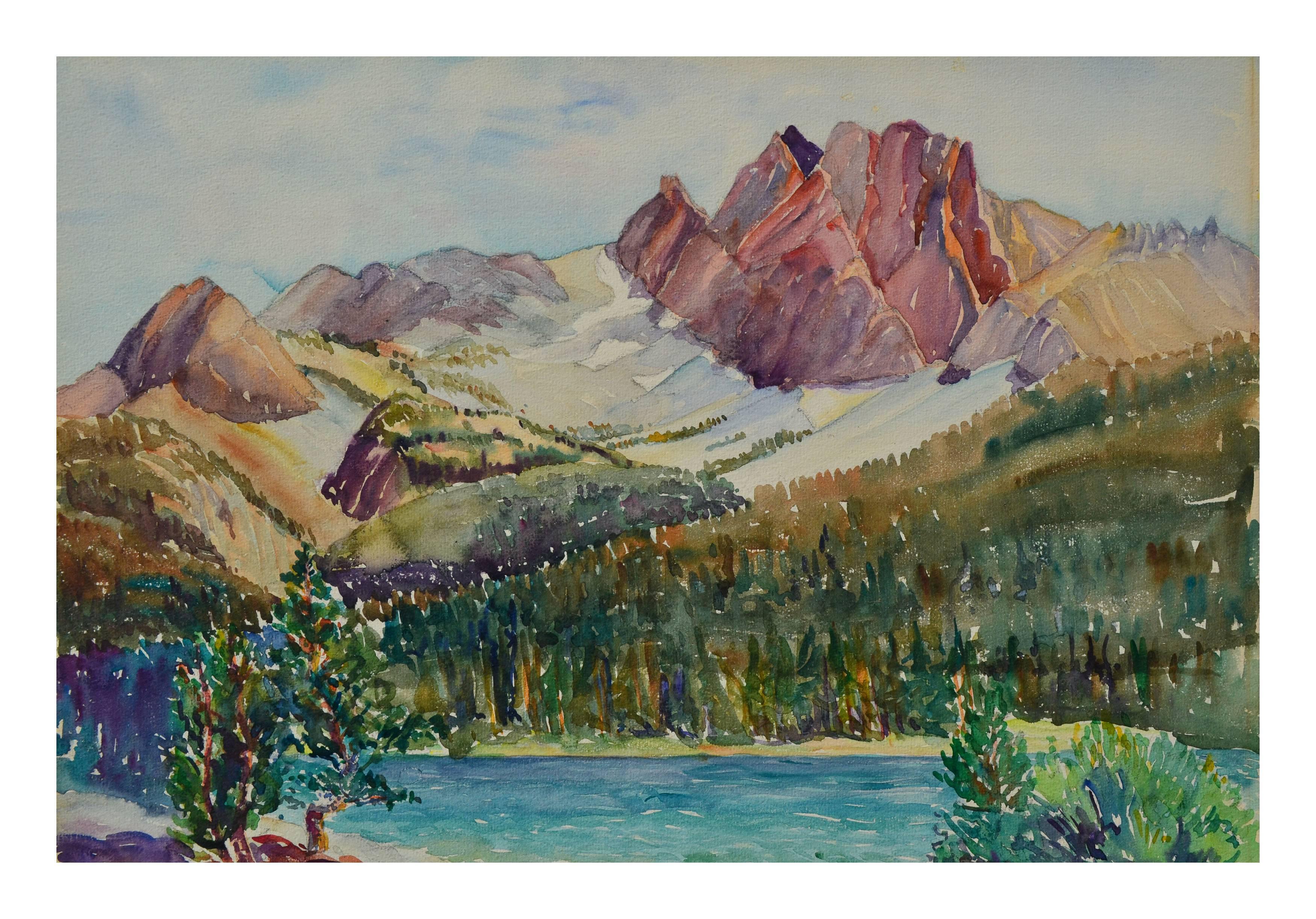 Young Lake, Ragged Peaks Yosemite Landscape - Painting by  Edna A. Jones 