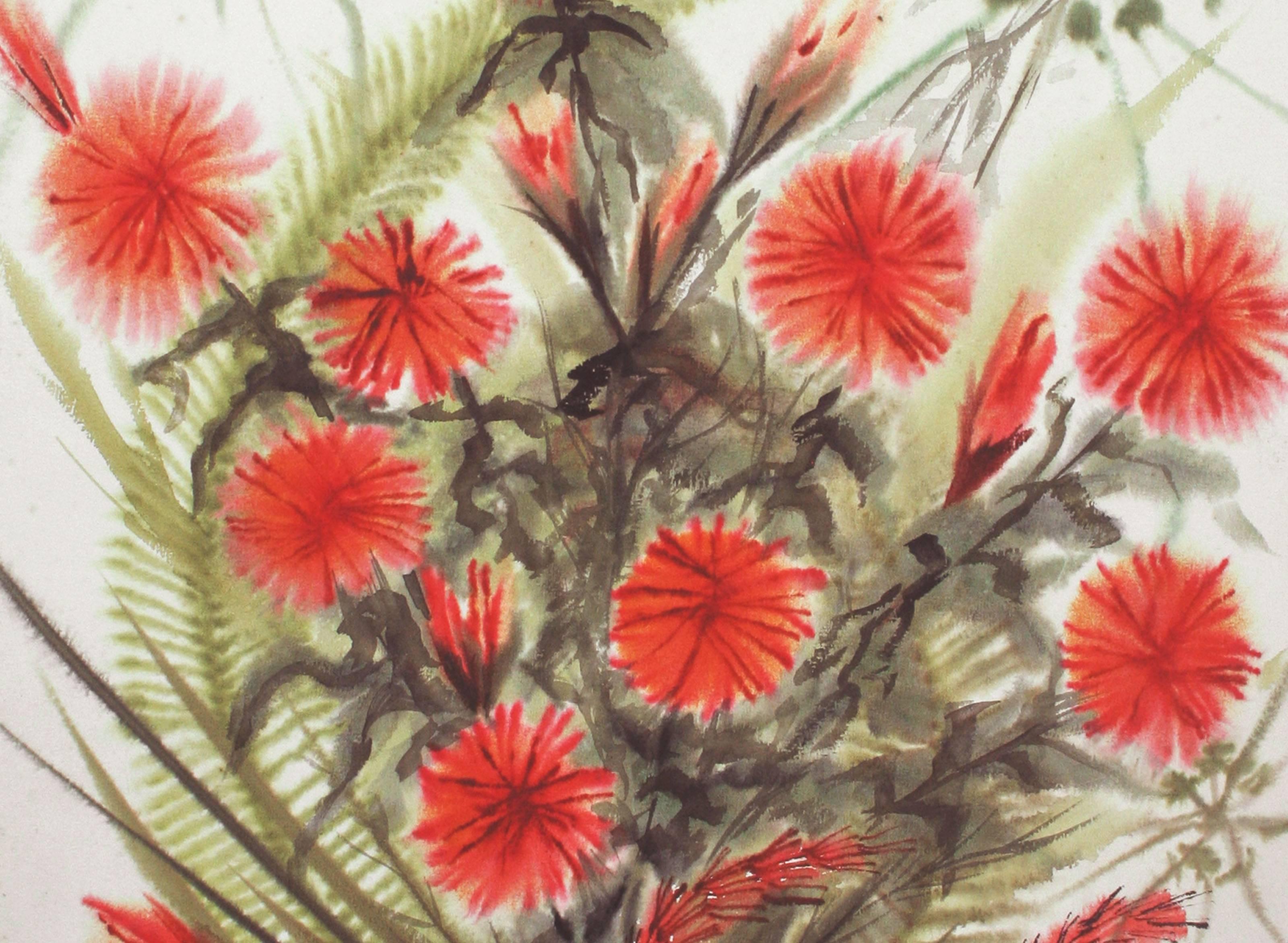 Mid Century Red Flowers - Painting by Faye Hammons