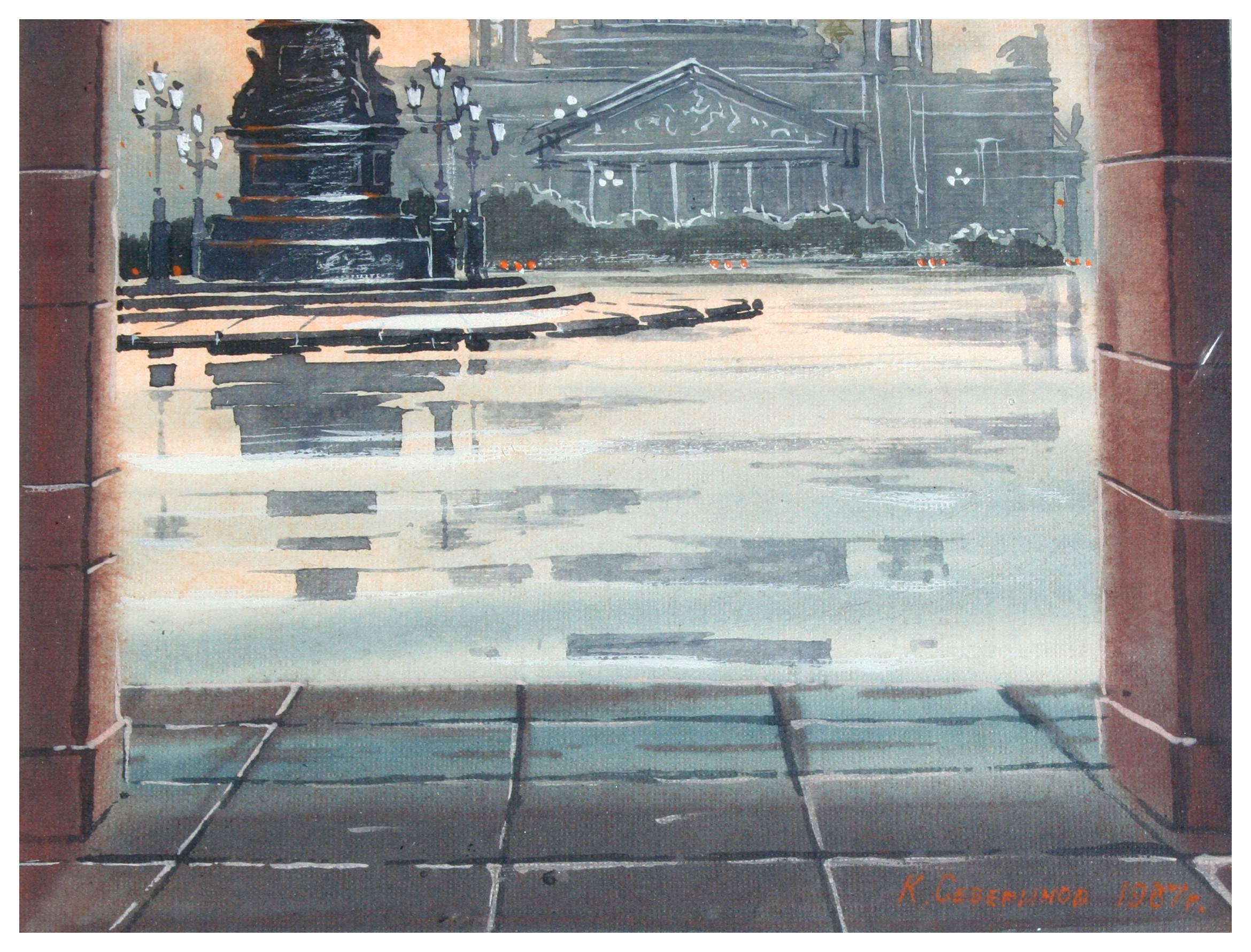 Saint Issac's Square, Saint Petersburg Landscape  - Gray Landscape Painting by K. Cesephnob