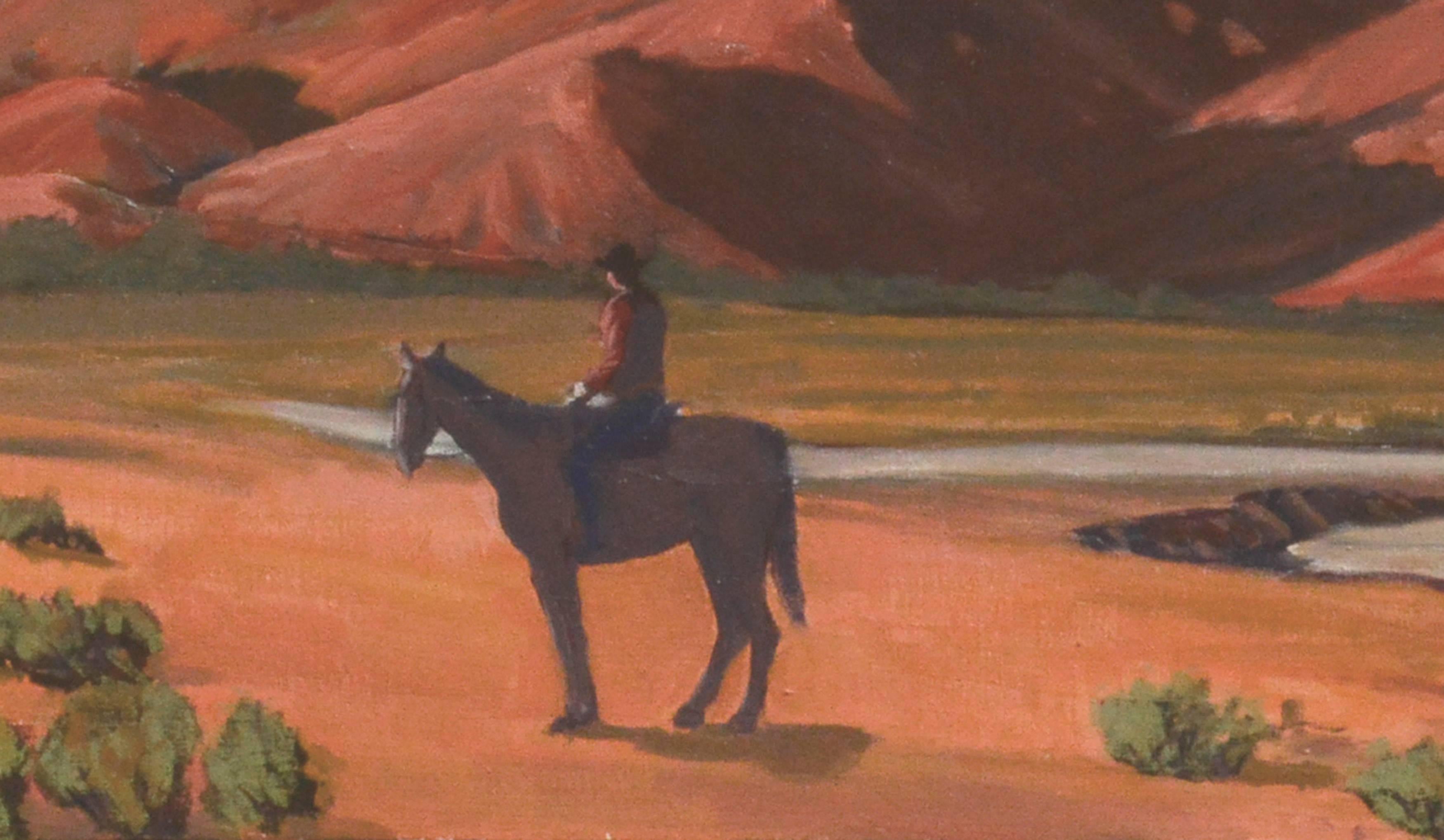 Desert Rider - Utah Mountain Figurative Landscape with Horse - Painting by Mike Wright