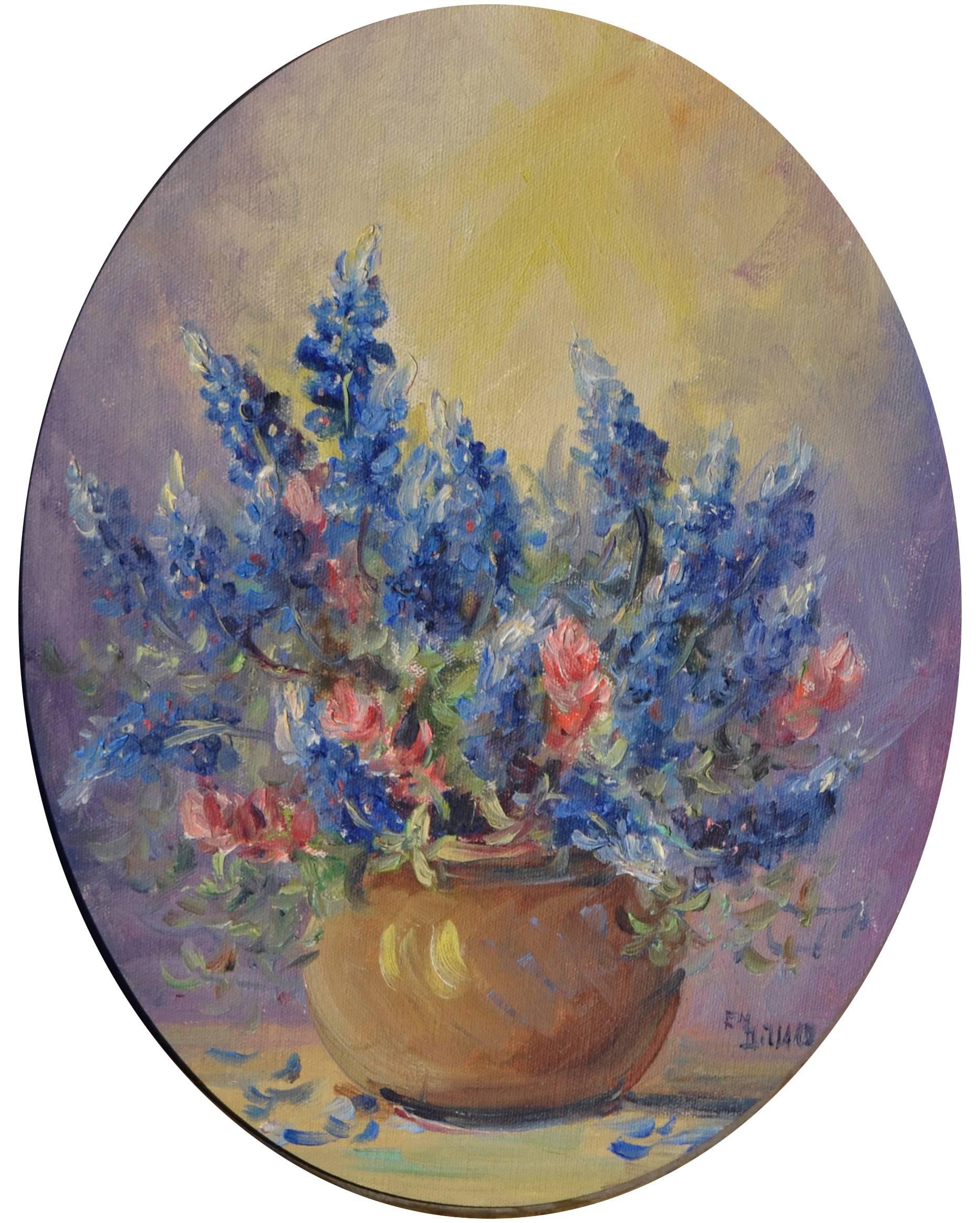 Texas Bluebonnet Bouquet - Mid Century Floral Still Life  - Painting by Emily Dillard