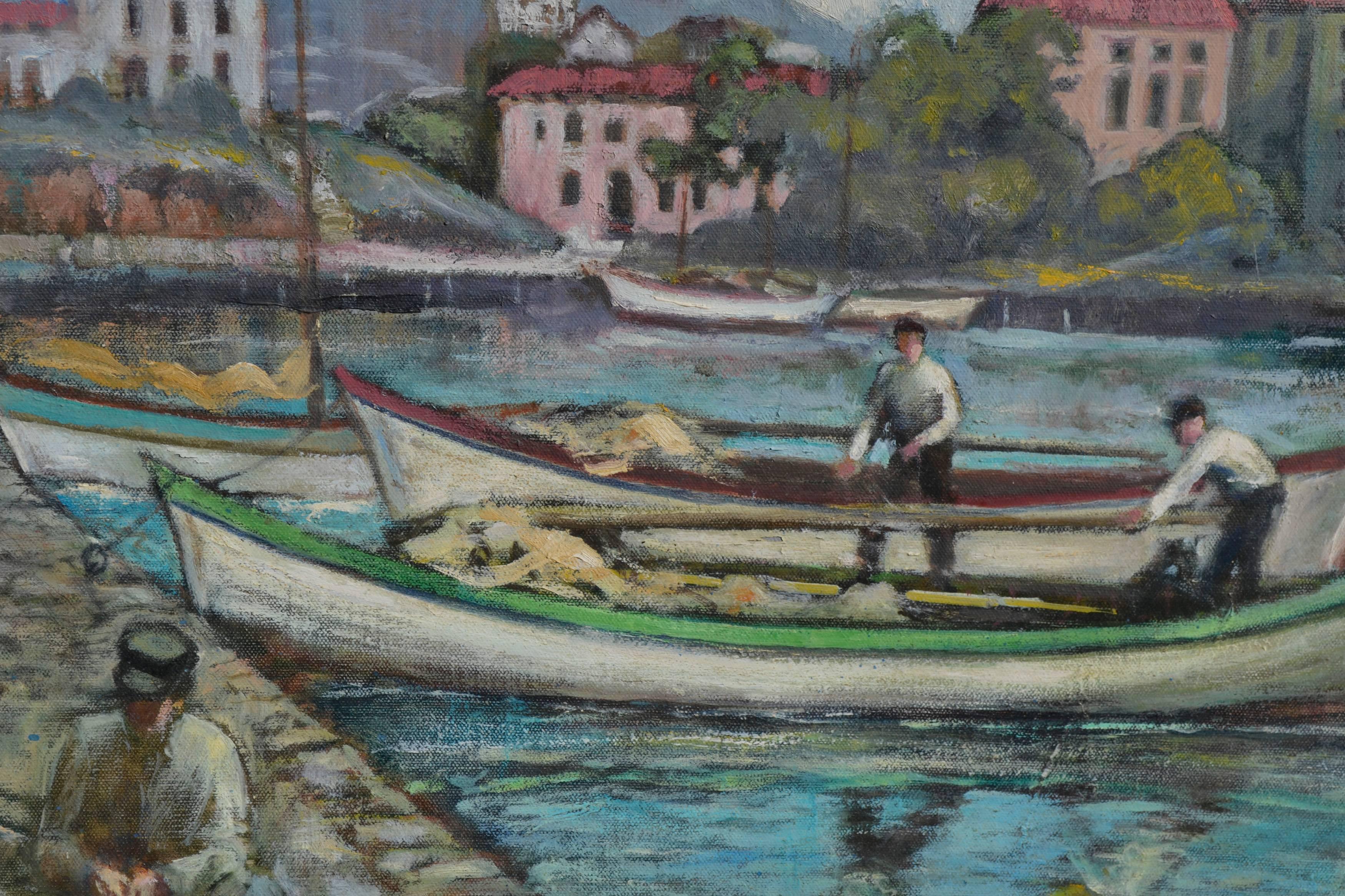 Vintage Portofino, Italy Figurative Landscape -- The Day's Catch  - Painting by Jackson Craig