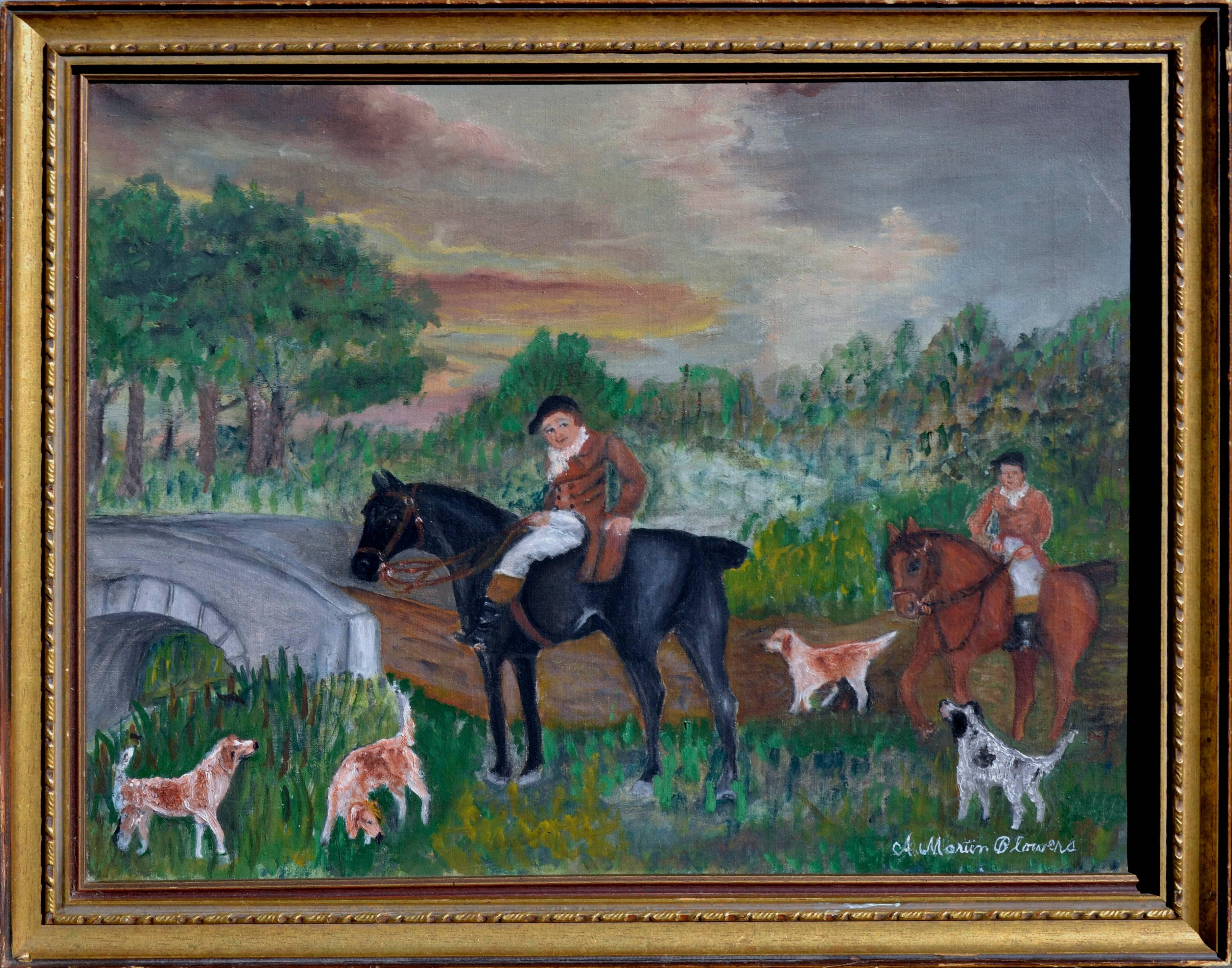 Ann Martin Blowers Figurative Painting – Day of the Hunt - Mid Century Figurative Landscape 