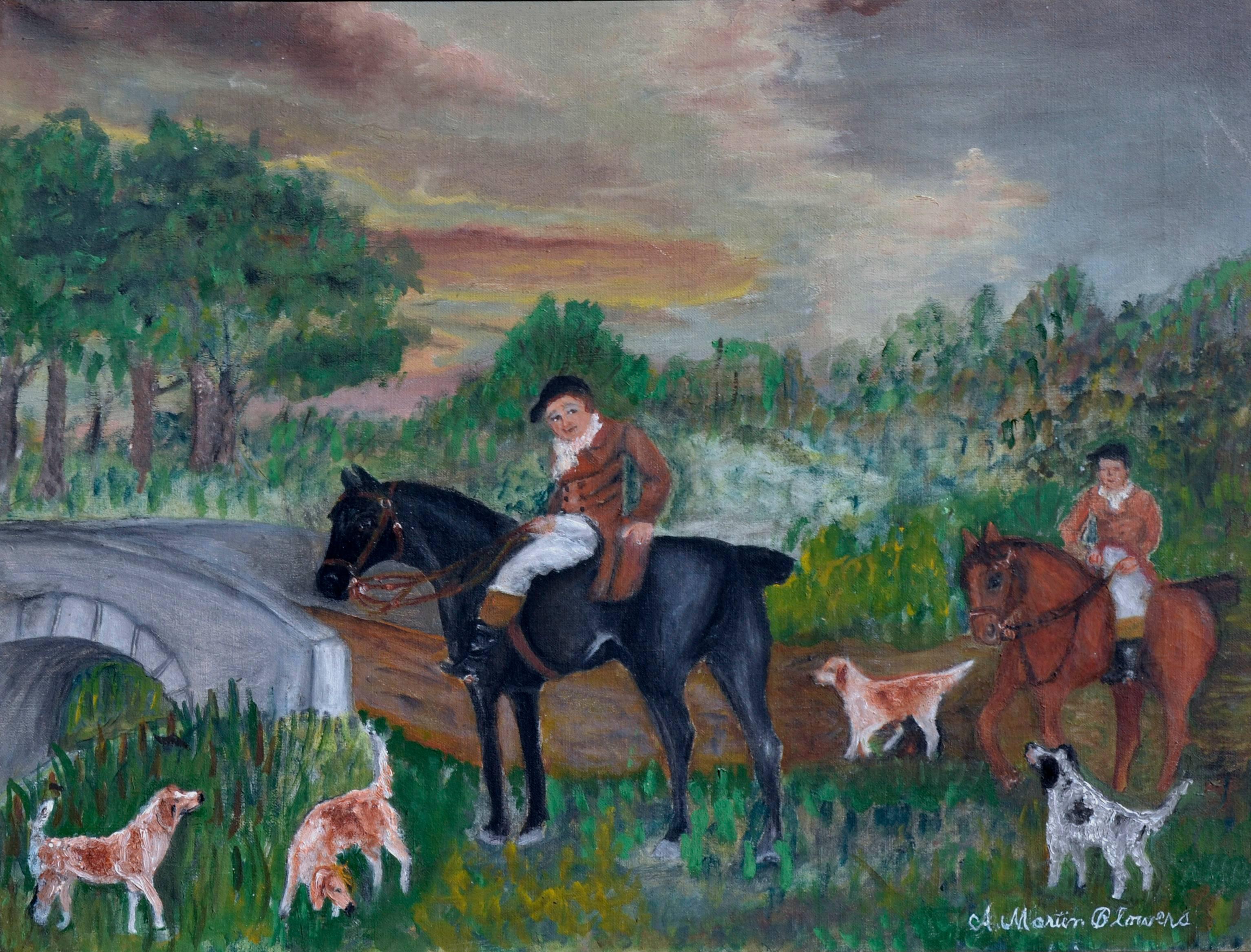 Day of the Hunt - Mid Century Figurative Landscape  - Painting by Ann Martin Blowers